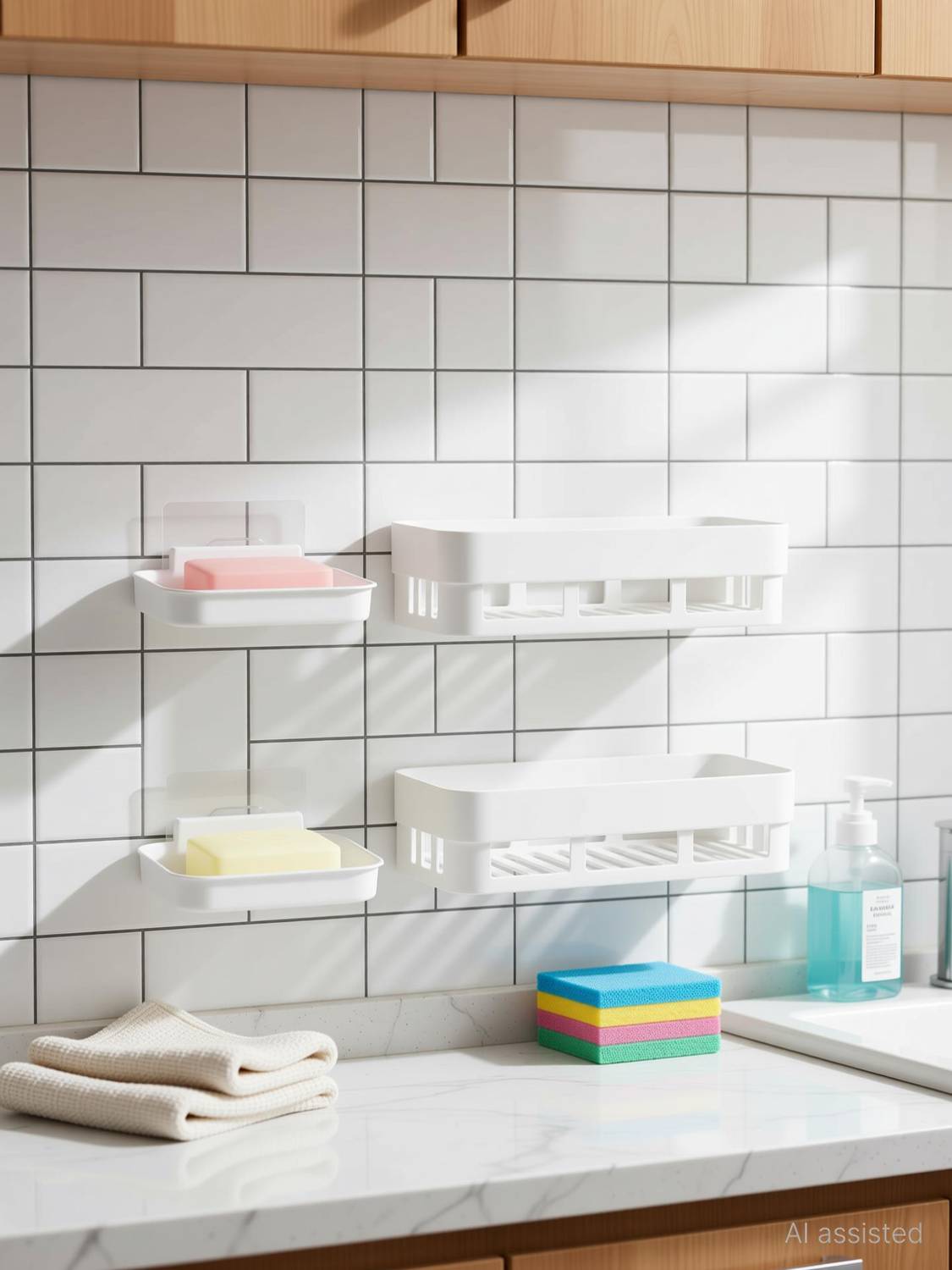 Bowoze ABS Plastic Kitchen Hanging Shelf Storage Rack Adhesive Kitchen Bathroom Shelves Plastic Wall Shelf