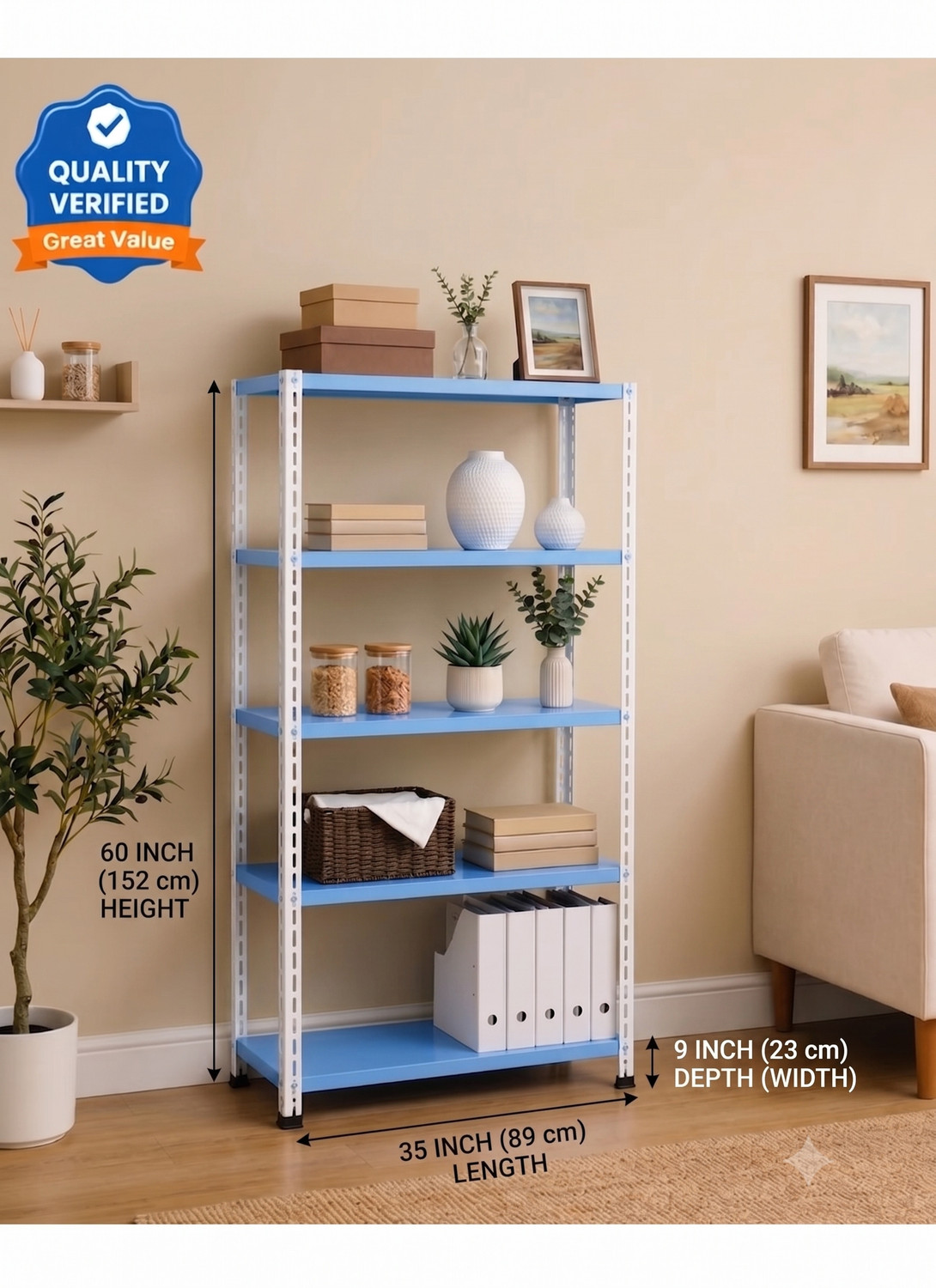 Image of Perfect Steel Traders 5 shelf Home Decor Modern Storage Rack Powder Coated 35x9x60inch Iron Wall Shelf