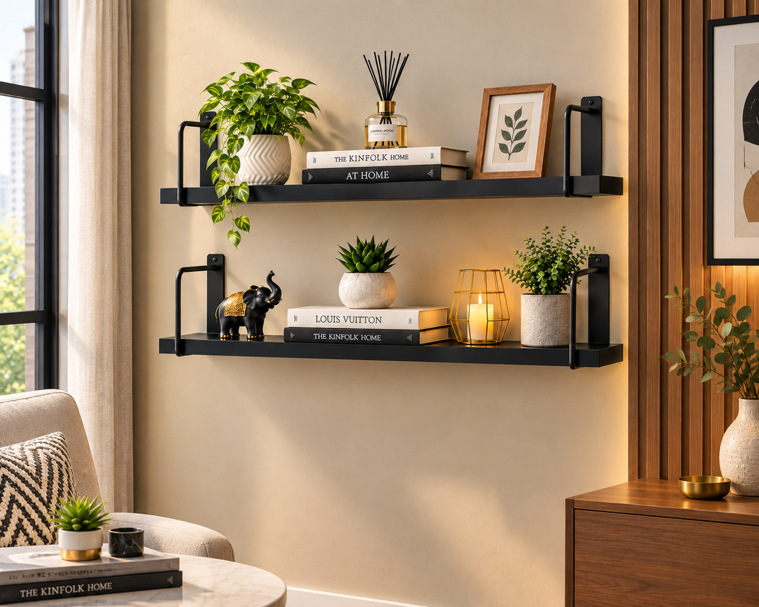 Image of NDS Steel 2 Tier Wall Mounted Shelf with Metal Frame for Living Room & Home Decor Wooden Wall Shelf