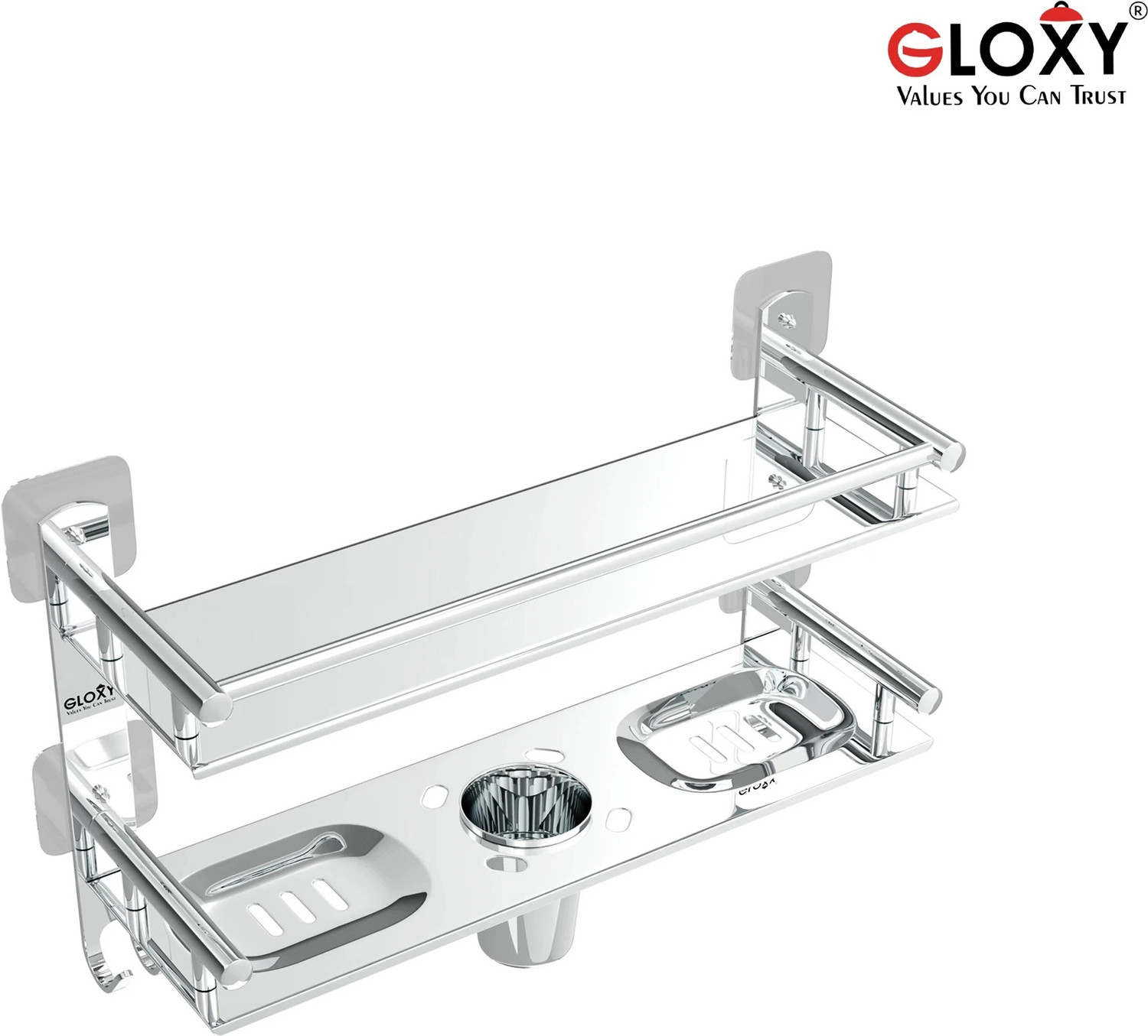 Image of GLOXY 4 in 1 Adhesive Stickers Bathroom Shelf with Soap Dish & Toothbrush Holder Stainless Steel Wall Shelf