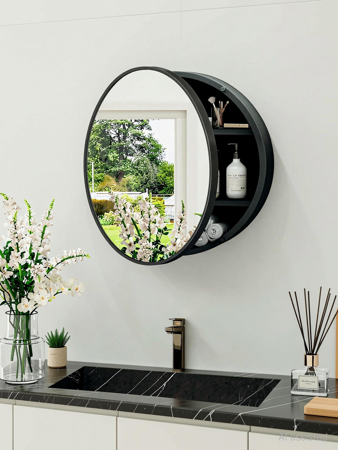 Image of Frap Wall Mounted Round Mirror Cabinet for Bathroom & Kitchen Storage Black Plastic Wall Shelf