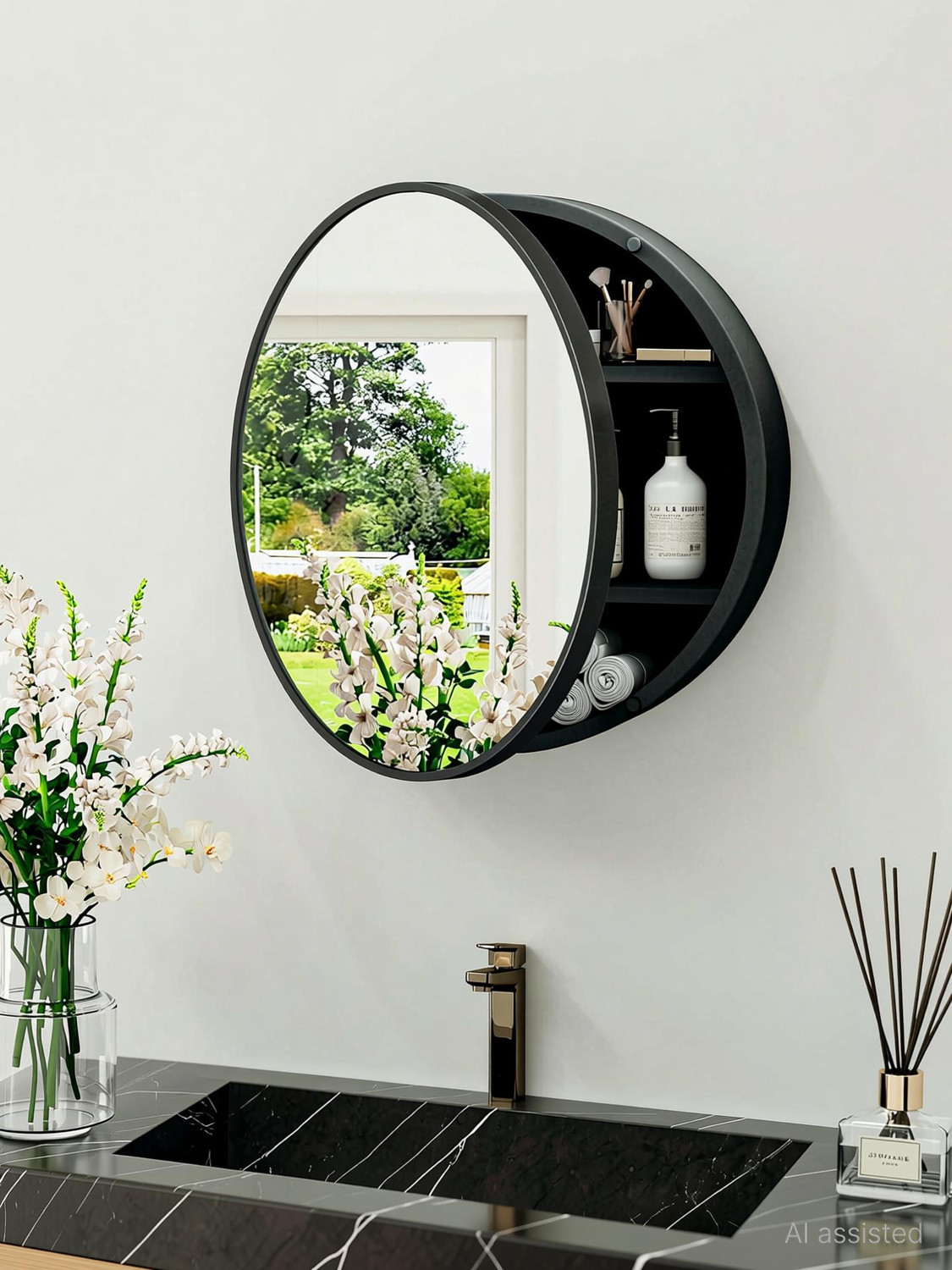Image of Frap Wall Mounted Round Mirror Cabinet for Bathroom & Kitchen Storage Black Plastic Wall Shelf