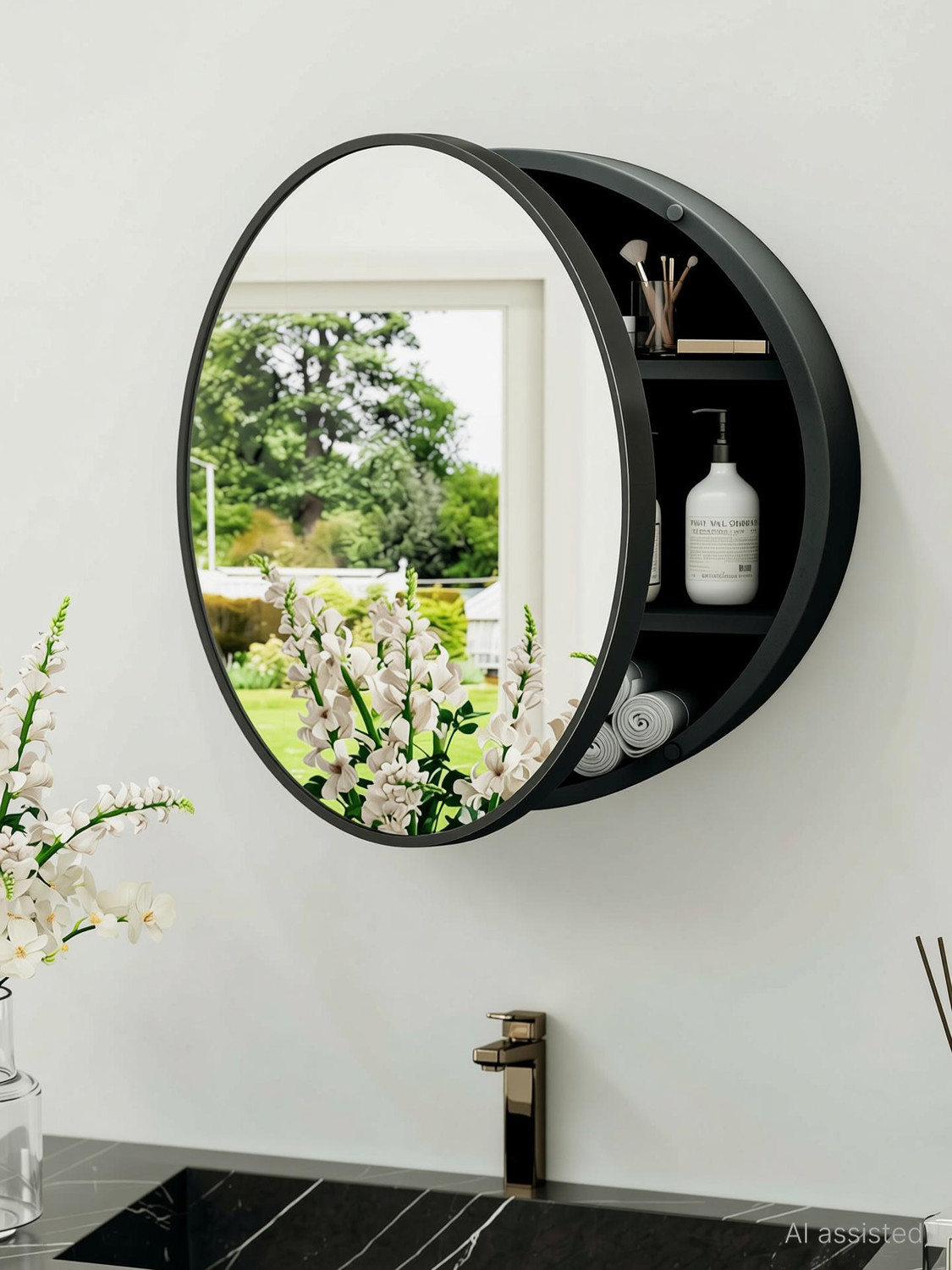 Image of Frap Wall Mounted Round Mirror Cabinet for Bathroom & Kitchen Storage Black Plastic Wall Shelf