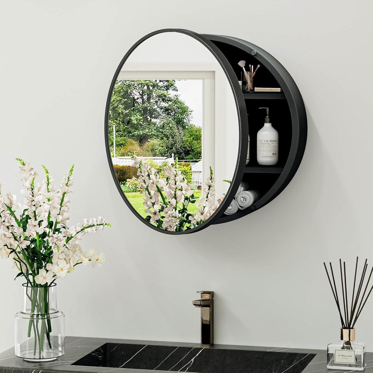 Image of Frap Wall Mounted Round Mirror Cabinet for Bathroom & Kitchen Storage Black Plastic Wall Shelf