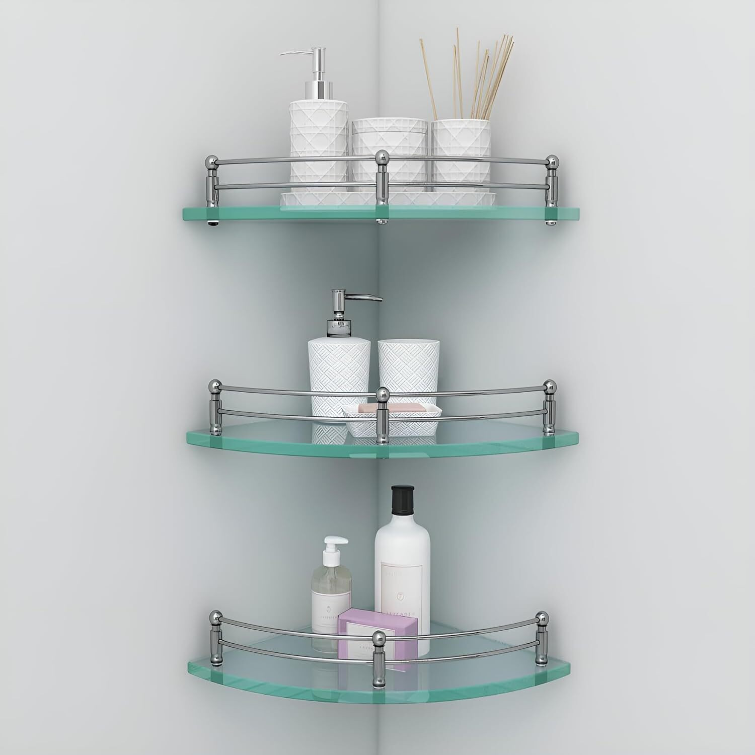 Image of DEVYM IMPAX Glass Corner /Bathroom /Kitchen Shelf -9 X 9 Inches -Glossy -Wall Mount Glass, Stainless Steel Wall Shelf