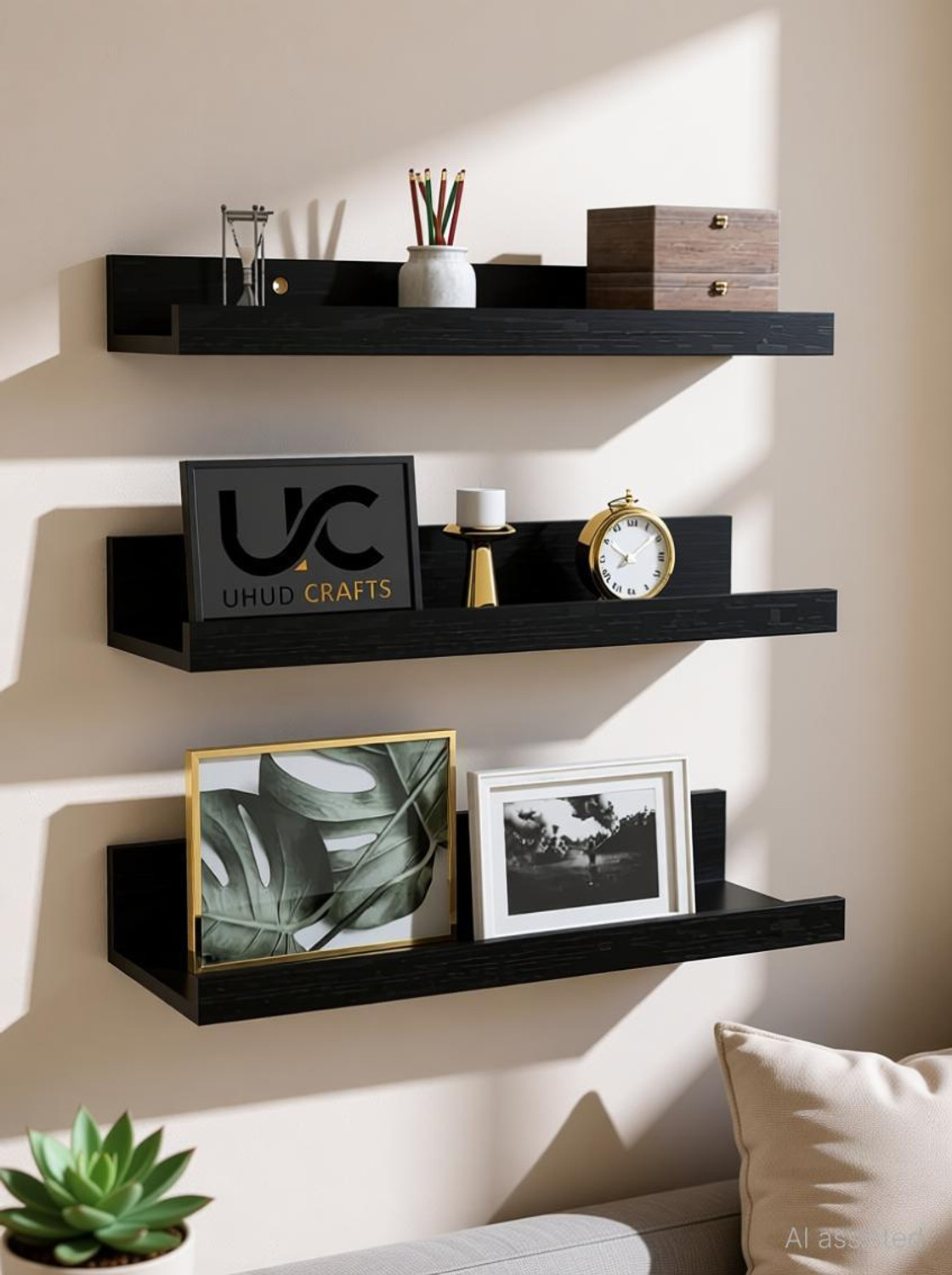 Image of UHUD CRAFTS Floating Wall Shelves, Wall Mounted Storage Shelf for Home, Office, Living Room Wooden Wall Shelf
