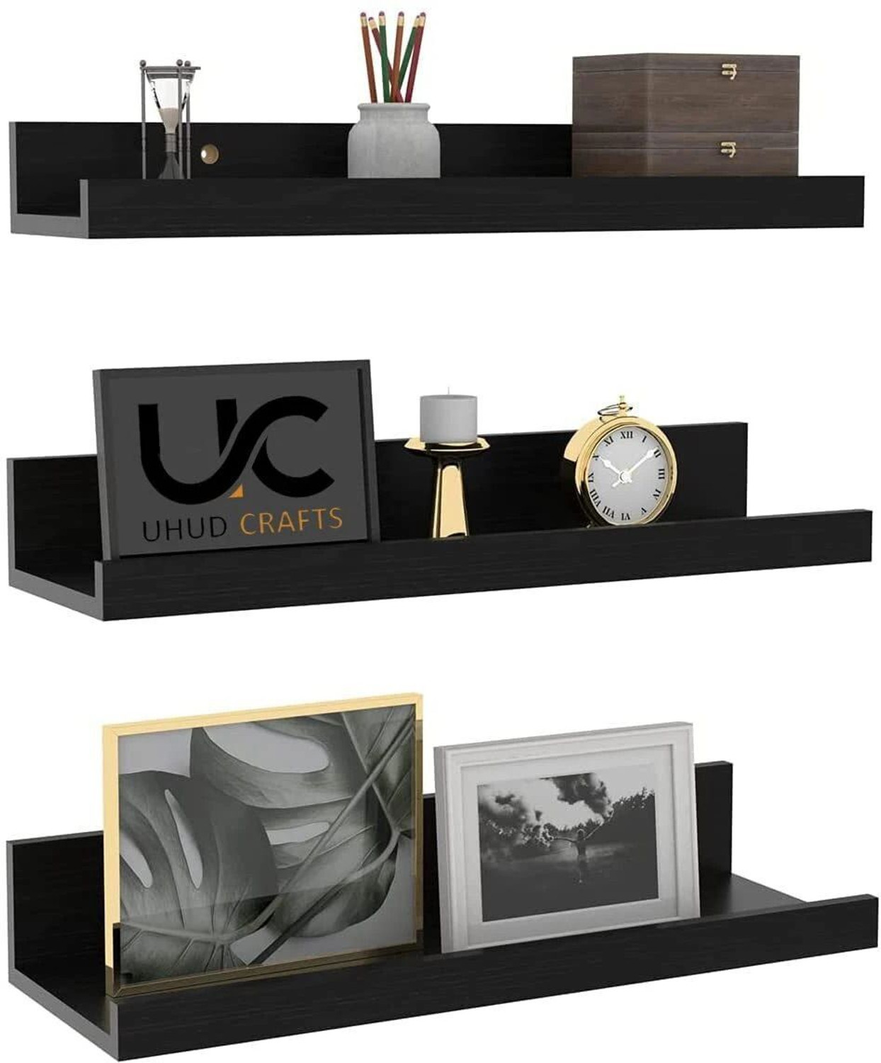 Image of UHUD CRAFTS Floating Wall Shelves, Wall Mounted Storage Shelf for Home, Office, Living Room Wooden Wall Shelf