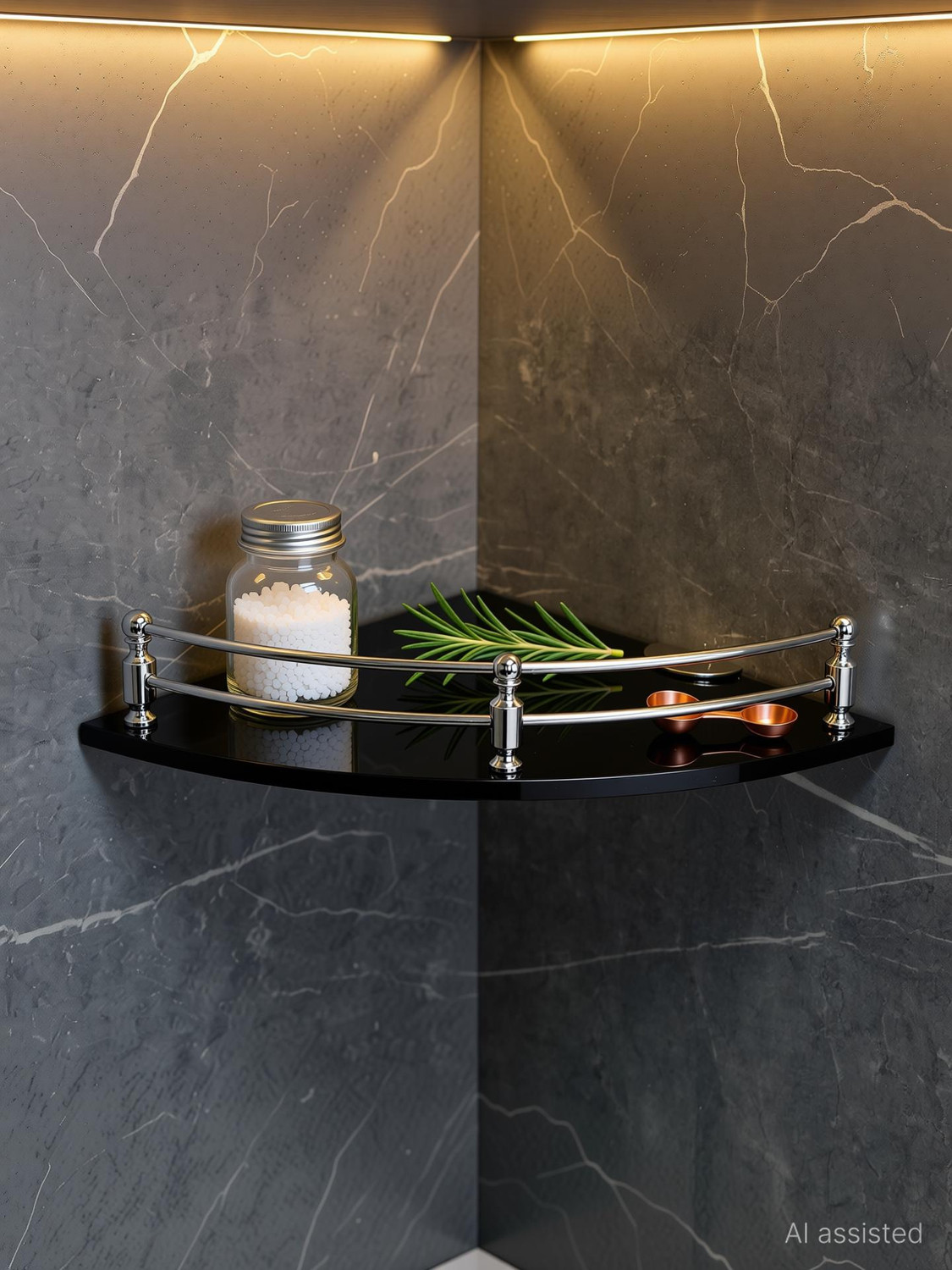 Image of DEVYM IMPAX Glass Corner /Bathroom /Kitchen Shelf -9 X 9 Inches -Glossy -Wall Mount Glass, Stainless Steel Wall Shelf