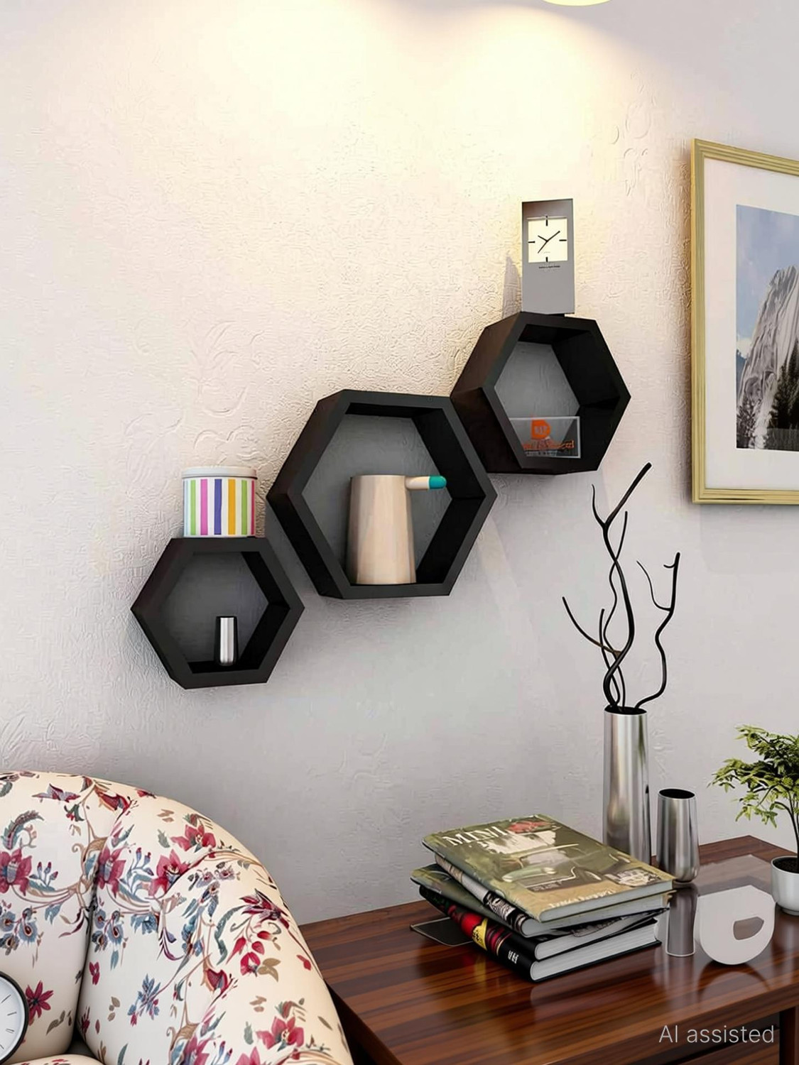Image of Extrawish Set Of 3 Hexagon shape Designer Storage Shelves -Brown Polypropylene Wall Shelf