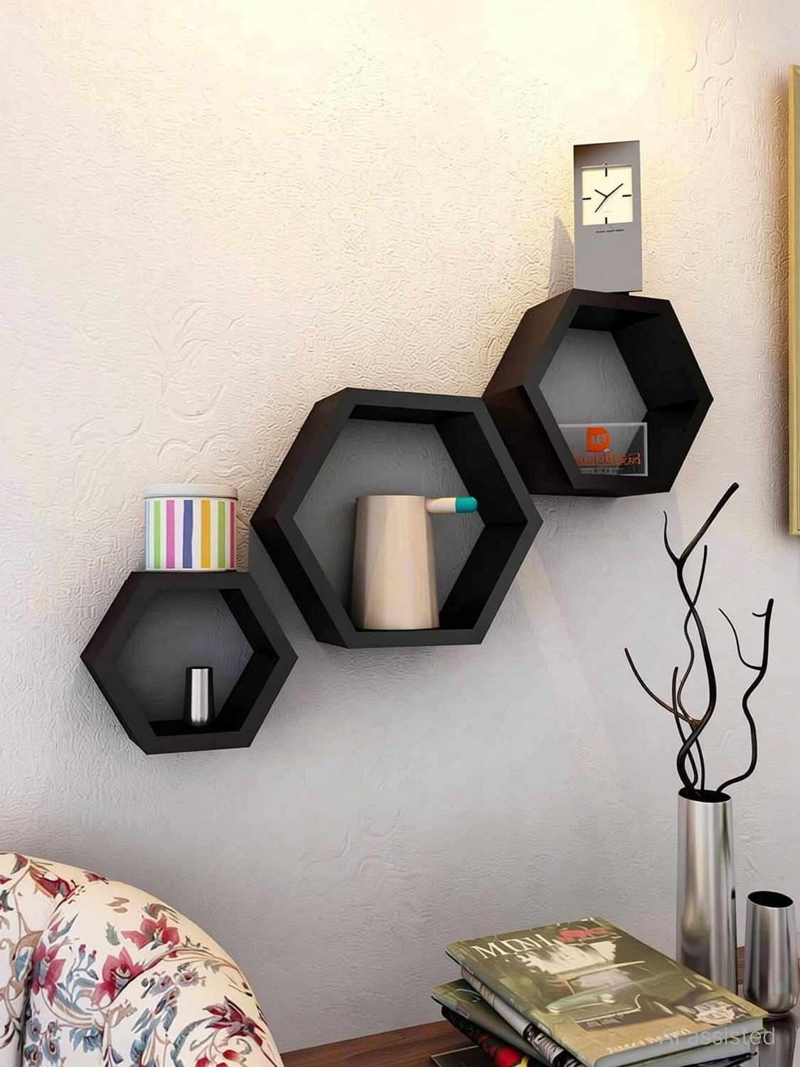 Image of Extrawish Set Of 3 Hexagon shape Designer Storage Shelves -Brown Polypropylene Wall Shelf