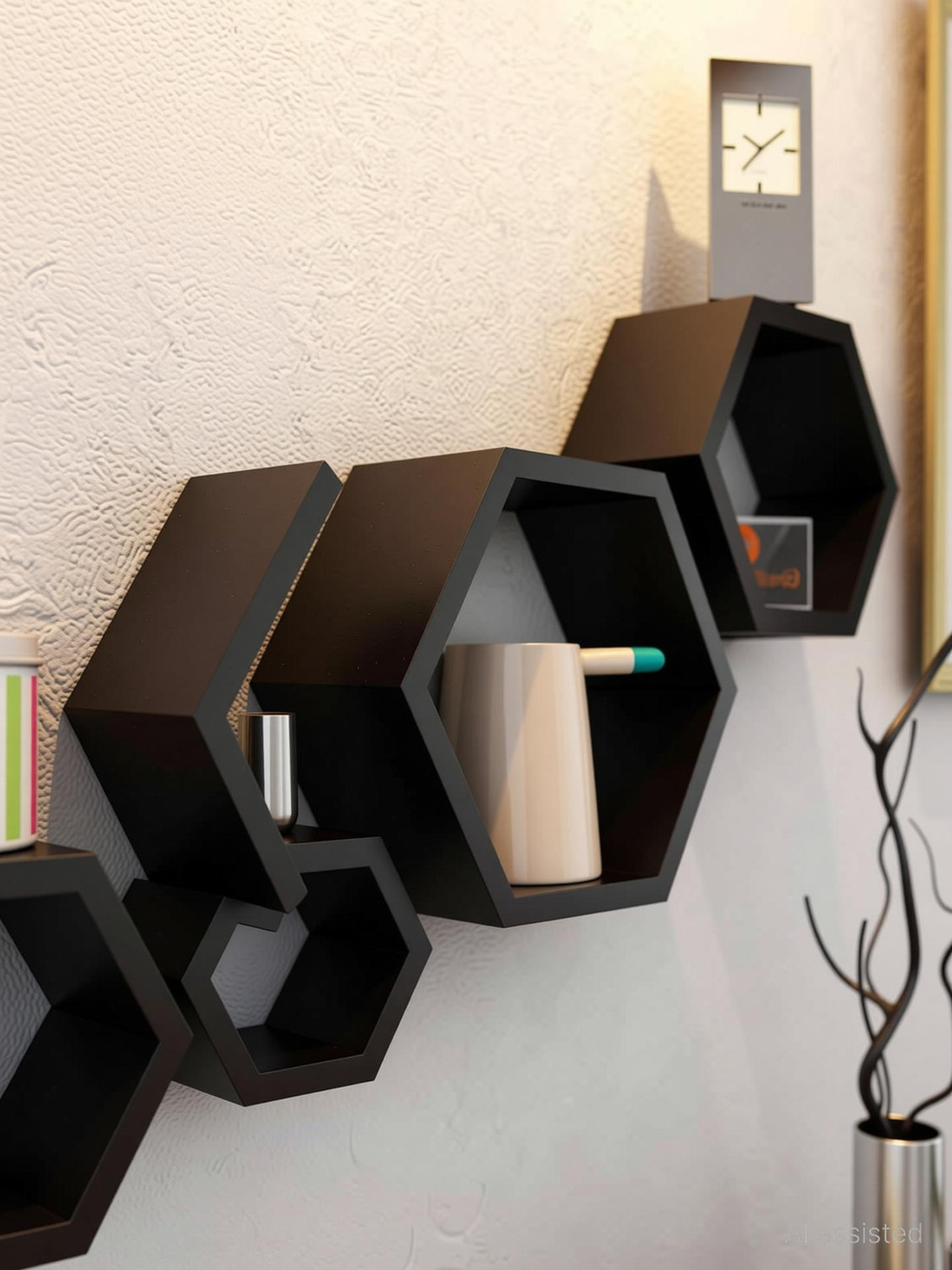 Image of Extrawish Set Of 3 Hexagon shape Designer Storage Shelves -Brown Polypropylene Wall Shelf