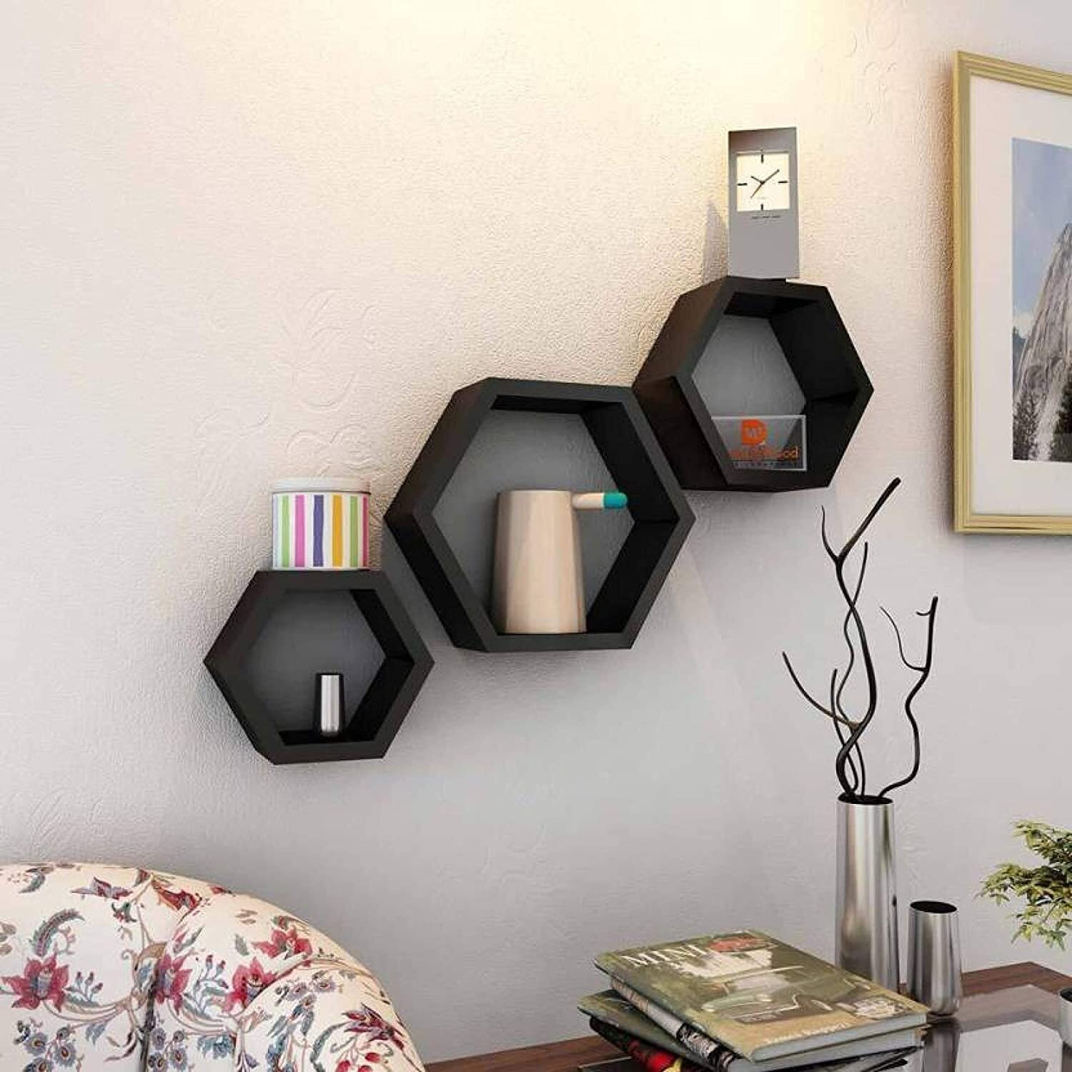 Image of Extrawish Set Of 3 Hexagon shape Designer Storage Shelves -Brown Polypropylene Wall Shelf