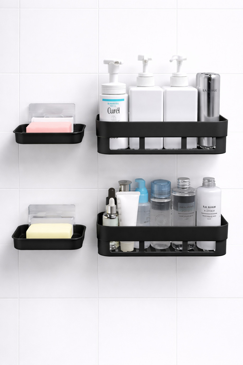 Image of QXORE No-Drill Shelf & Accessories Set with 2 Storage Racks and 2 Soap Dishes Plastic Wall Shelf