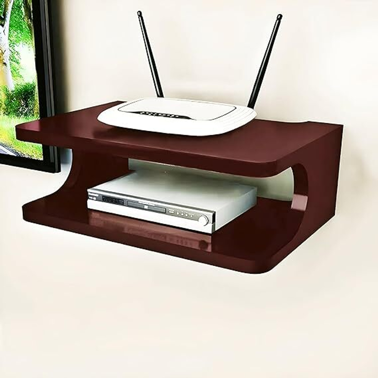 Image of A M CRAFTS Wooden Setup Box Stand for Home Wall Mount Stylish WiFi Router Holder TV Cabinet MDF (Medium Density Fiber) Wall Shelf