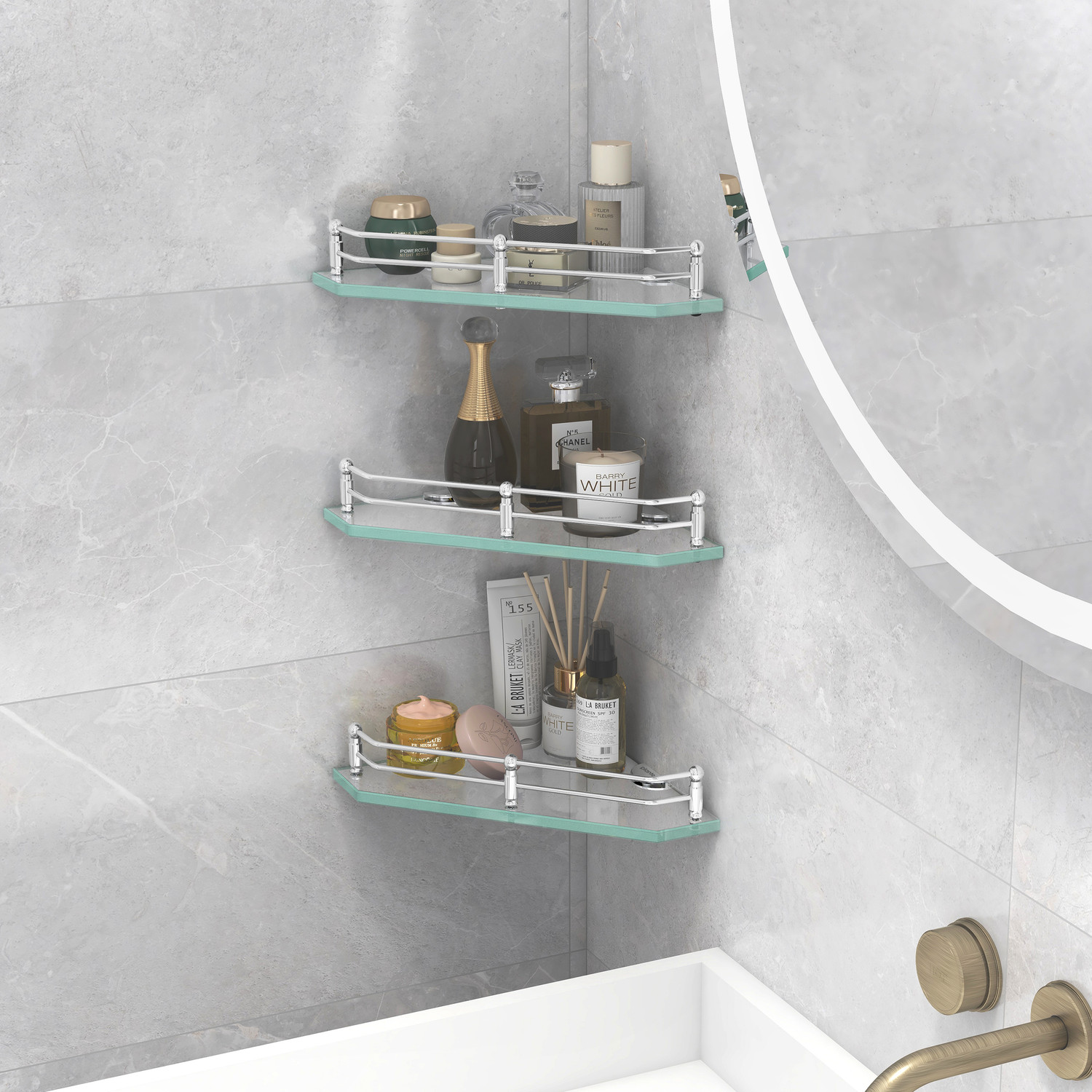 Image of Plantex Premium Diamond Transparent Glass Corner Shelf for Bathroom /Bathroom Accessories(9x9 Inches) Glass Wall Shelf
