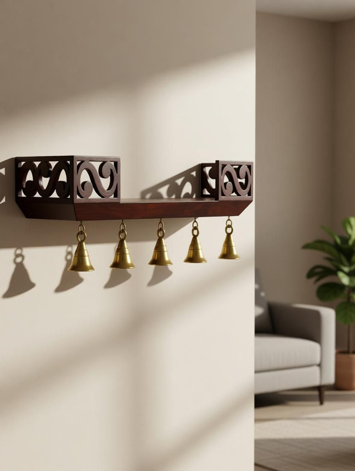 Image of Eco Handicrafts wooden wall temple with bells Wooden Wall Shelf (Number of Shelves - 1, Brown) Wooden Wall Shelf