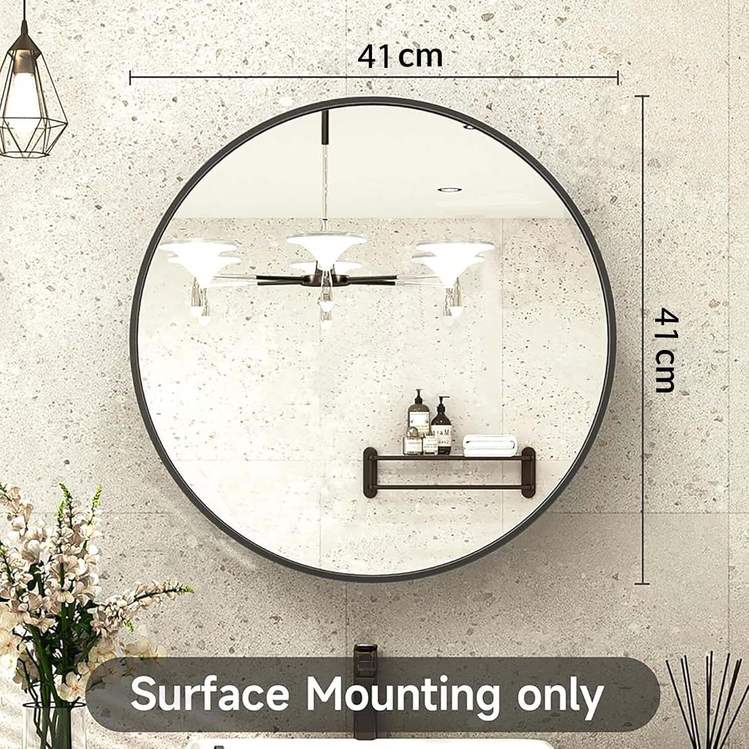Image of Frap Wall Mounted Round Mirror Cabinet for Bathroom & Kitchen Storage Black Plastic Wall Shelf