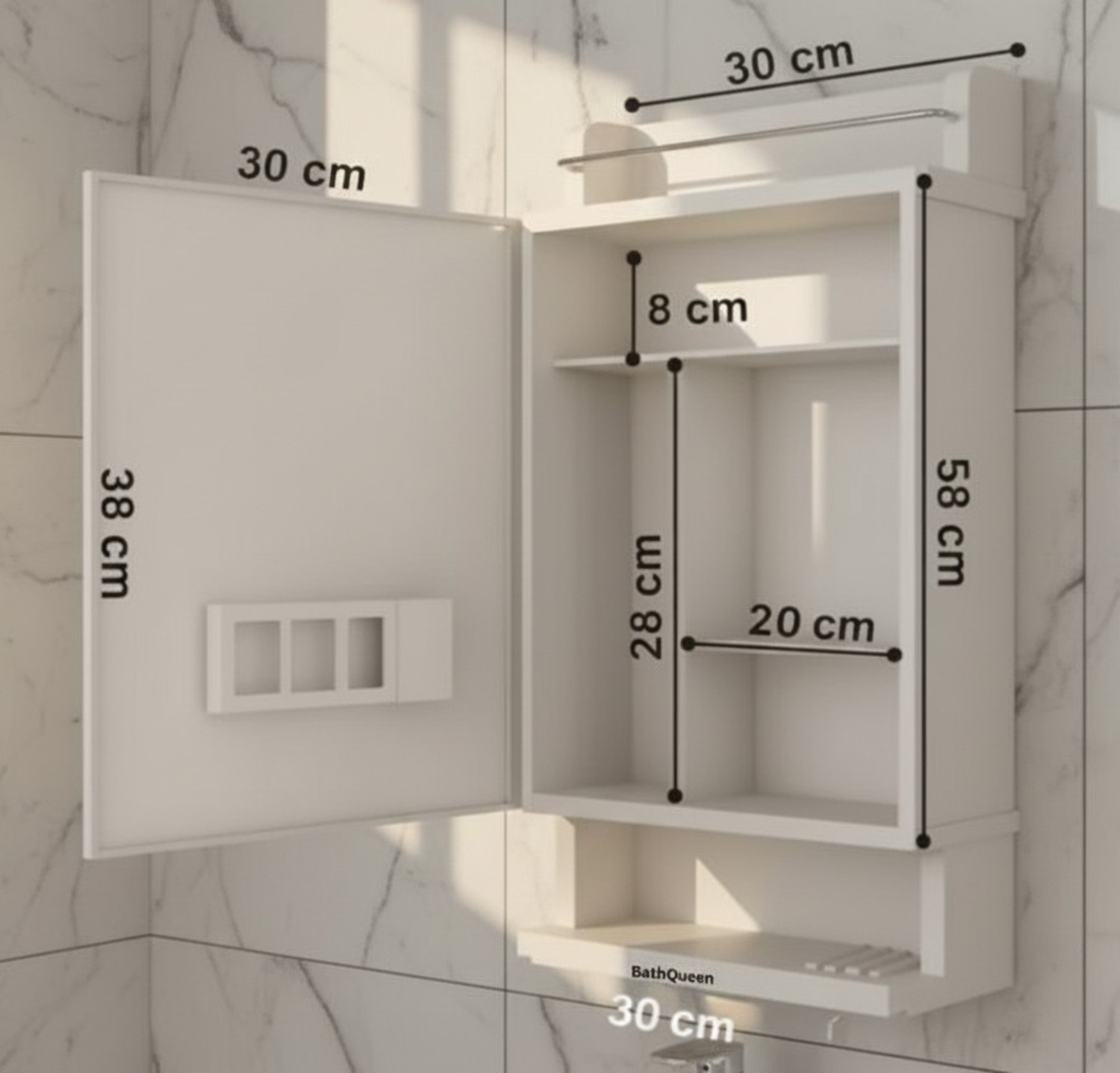 Image of Bath Queen Best Heavy Plastic Mirror Cabinet White Acrylic Wall Shelf