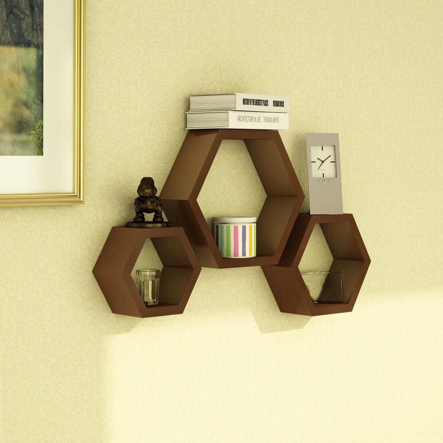 Image of Extrawish Set Of 3 Hexagon shape Designer Storage Shelves -Brown Polypropylene Wall Shelf