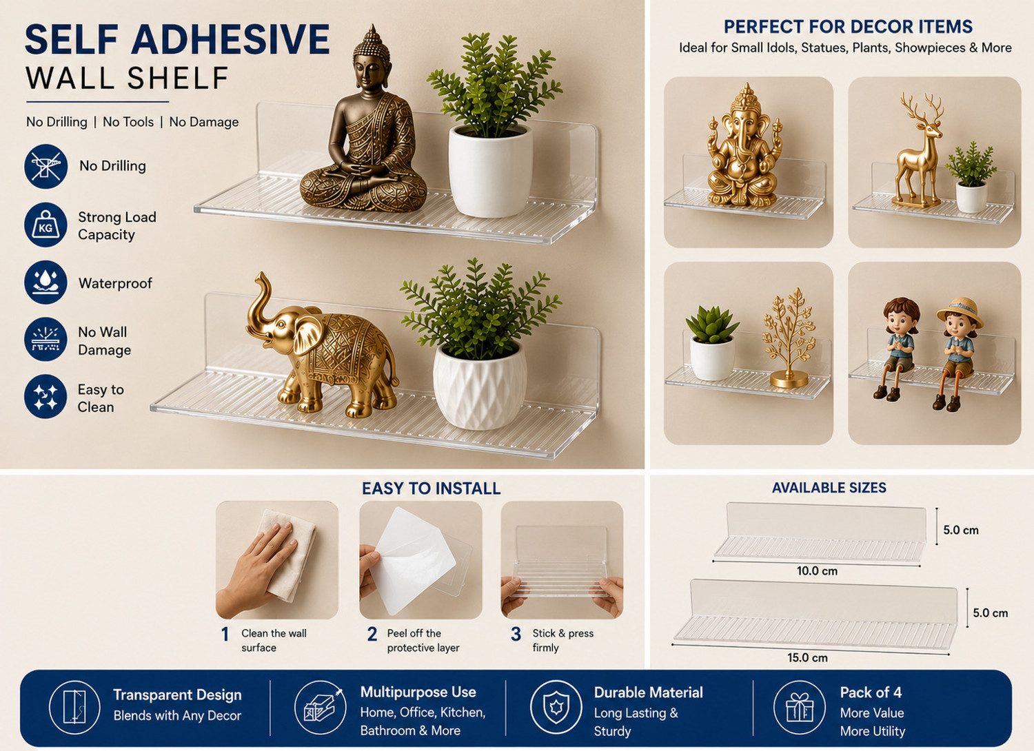 Image of WORA Pack Of 4 Self Adhesive Wall Shelf For Home, Office And Decore Plastic Wall Shelf
