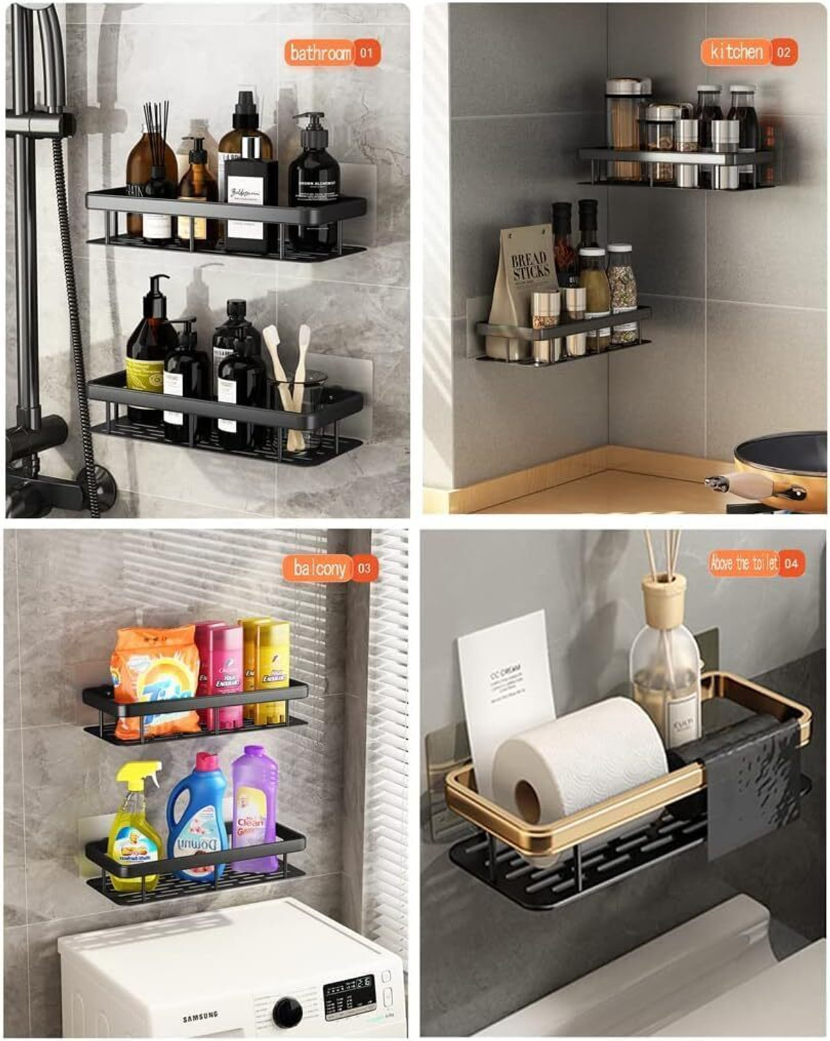 Image of AKOOPAR GLOBAL Bathroom Wall Shelf Organizer 30cm Black Adhesive Storage Rack with Kit (2 Pc) Plastic Wall Shelf