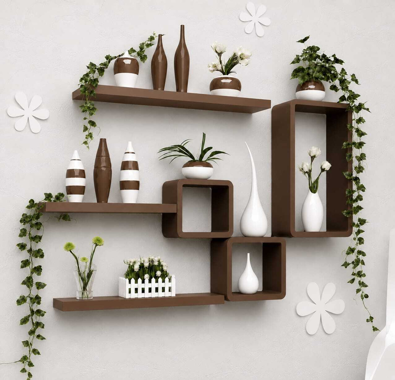 Image of zeecoot BROWN WOODEN WALL SHELF Wooden Wall Shelf (Number of Shelves - 6, Brown)