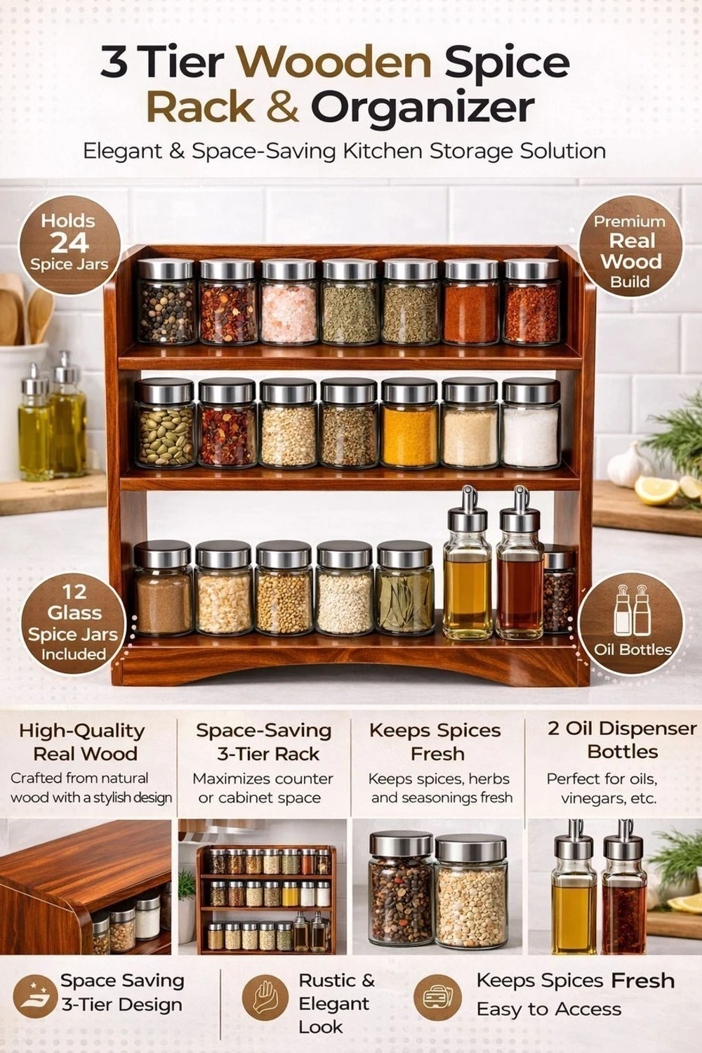 Image of MEENA ENTERPRISES Utensil Kitchen Rack Wood 3-Tier Wooden Kitchen Spice Rack Organizer with Glass Jars