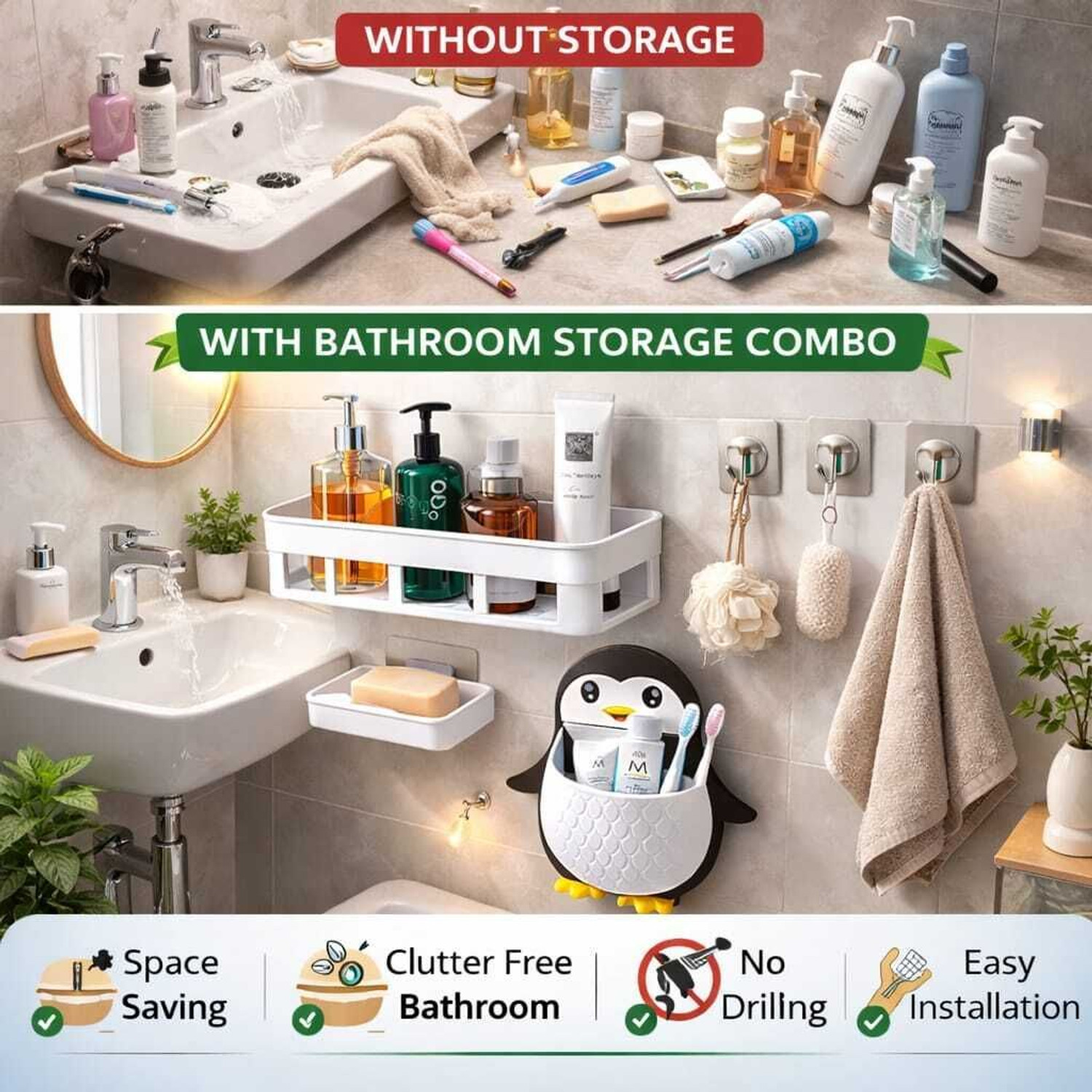 Image of IENARA 6-in-1 Bathroom Accessories Combo - Organizer Shelf, Soap, Hook & Penguin Holder Plastic, Steel Wall Shelf