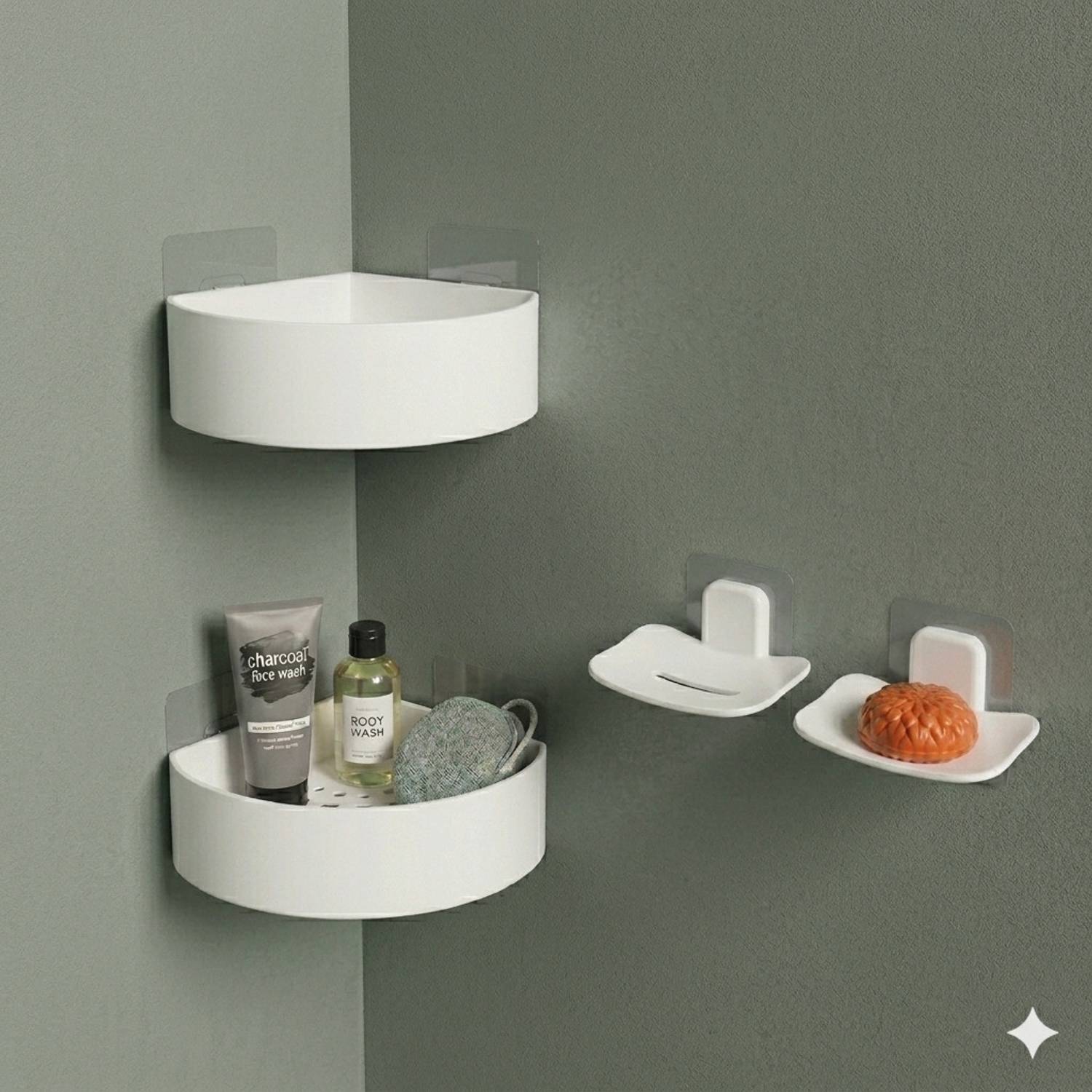 HATMEET 2 Soap Dish + 2 Corner Plastic Wall Shelf, White - Image 2