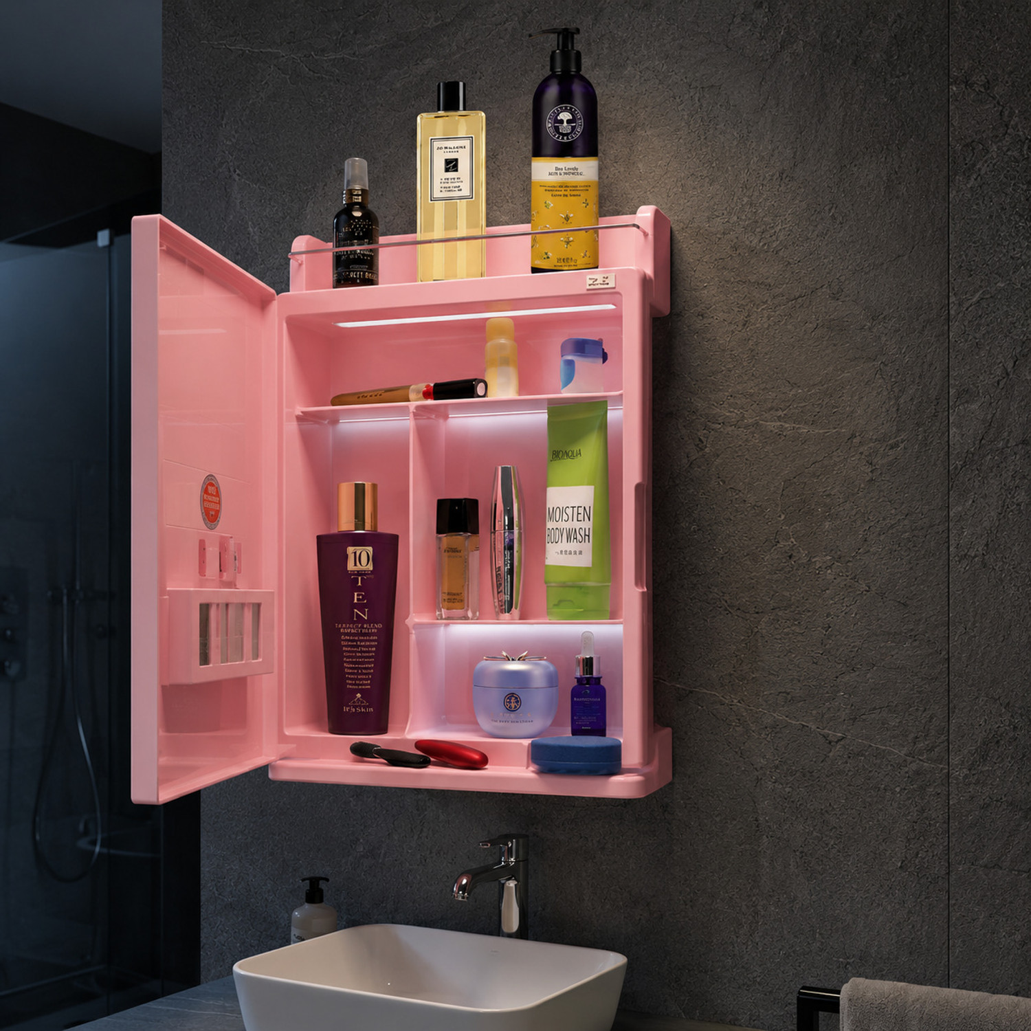 Image of CIPLA PLAST Rich Look Bathroom Cabinet | Mirror with Shelf | 4 Shelves Storage | PINK Plastic, Glass Wall Shelf