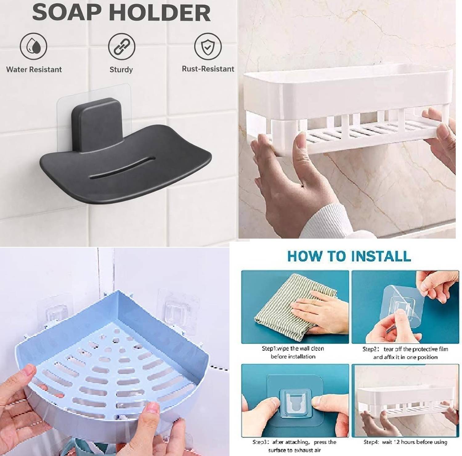 HATMEET 2 Soap Dish + 2 Corner Plastic Wall Shelf, White - Image 4