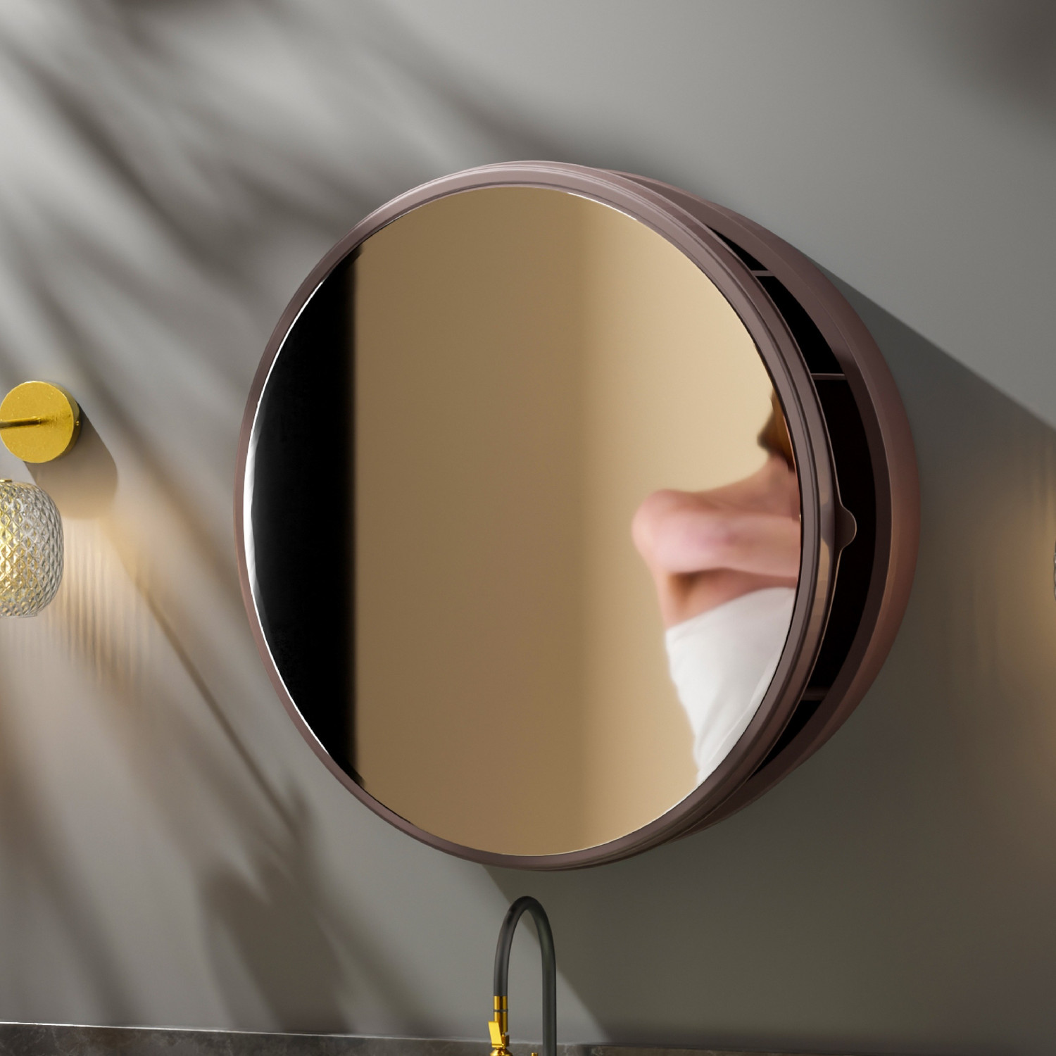 Image of Frap Round Bathroom Mirror with Storage Cabinet - Modern Design Plastic Wall Shelf Plastic Wall Shelf