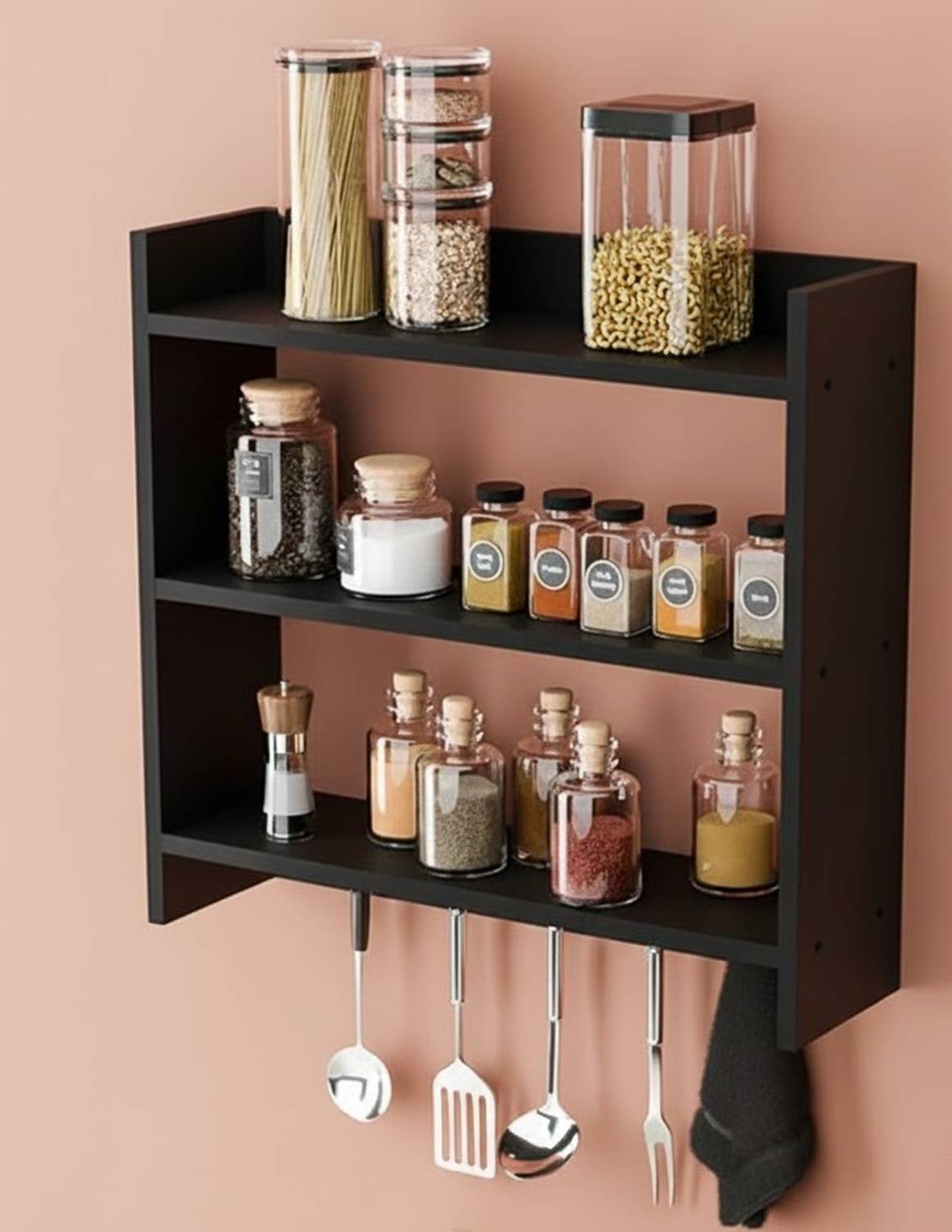 ADVISHI HOME DECORE Wall Mounted Kitchen Rack with Hooks MDF (Medium Density Fiber) Wall Shelf