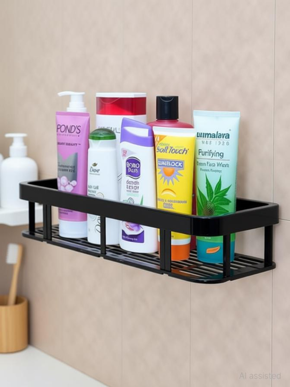 Image of Finner Wall Mounted Bathroom Shelf Rack - No Drill Adhesive Storage Organizer Plastic Wall Shelf