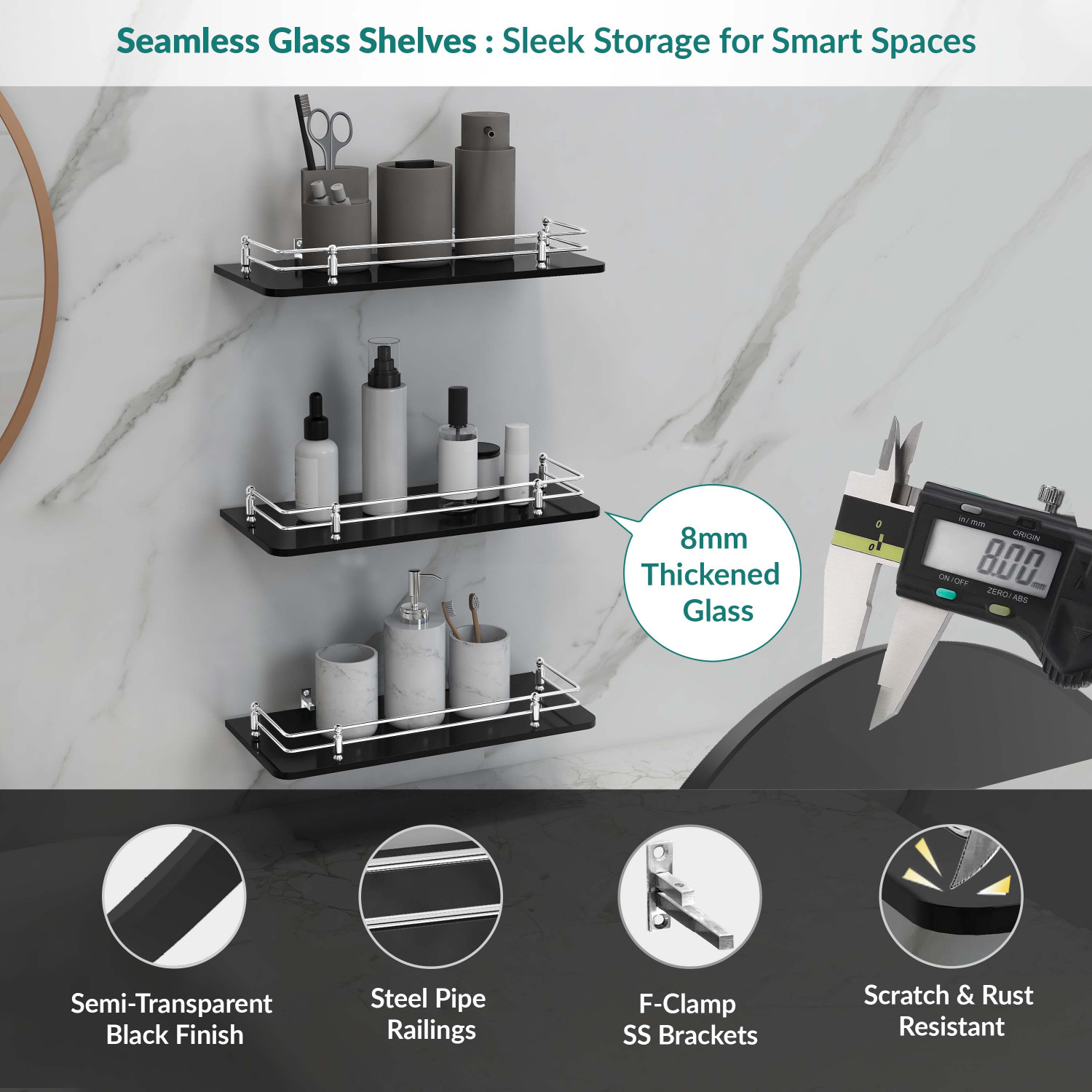 Image of Plantex Premium Black Glass Shelf for Bathroom /Kitchen /Living Room /Bathroom Accessories Glass Wall Shelf