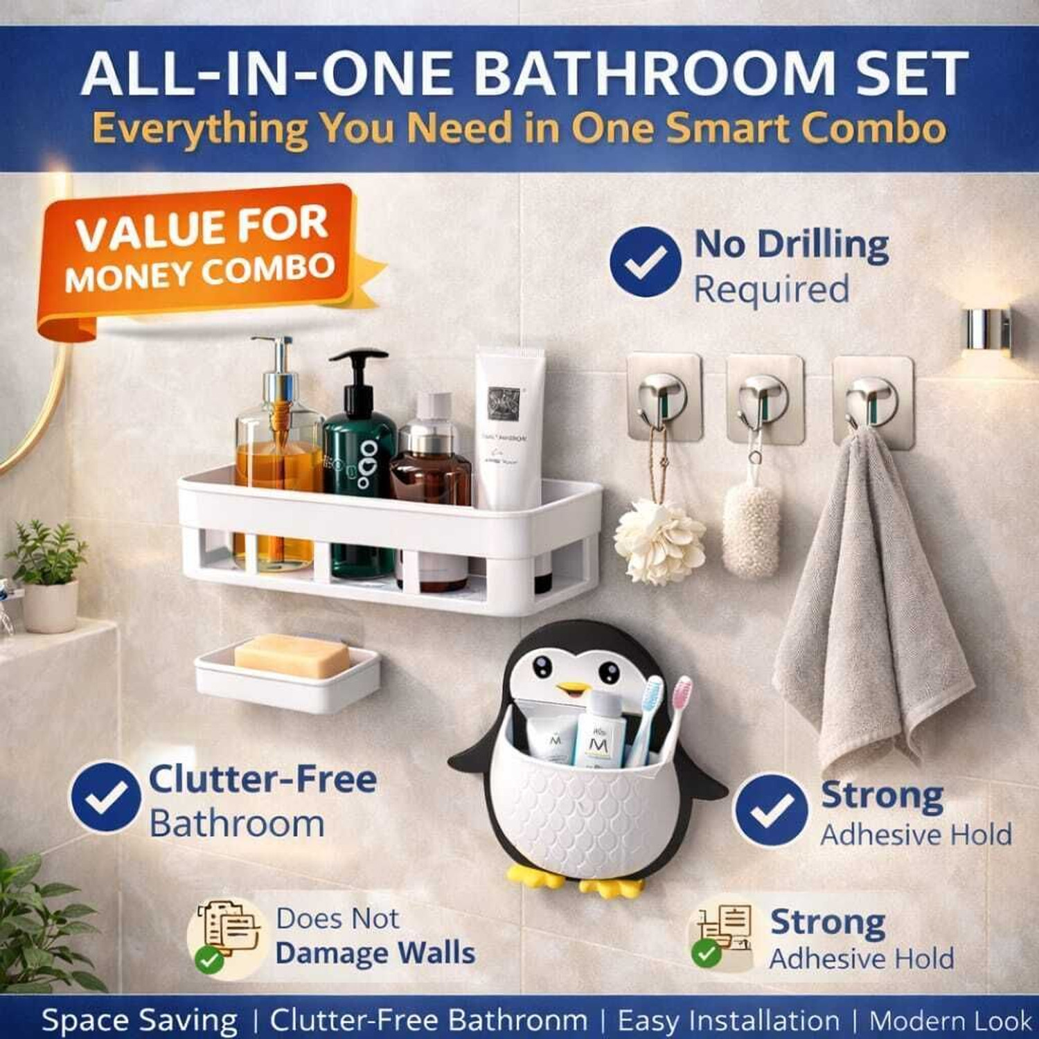 Image of IENARA 6-in-1 Bathroom Accessories Combo - Organizer Shelf, Soap, Hook & Penguin Holder Plastic, Steel Wall Shelf