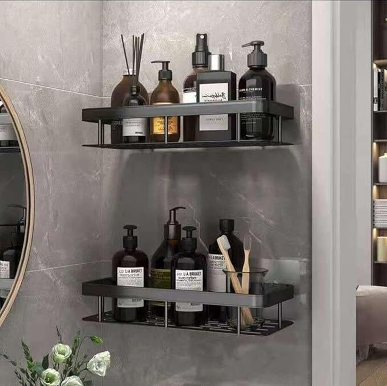 Image of Finner Wall Mounted Bathroom Shelf Rack - No Drill Adhesive Storage Organizer Plastic Wall Shelf