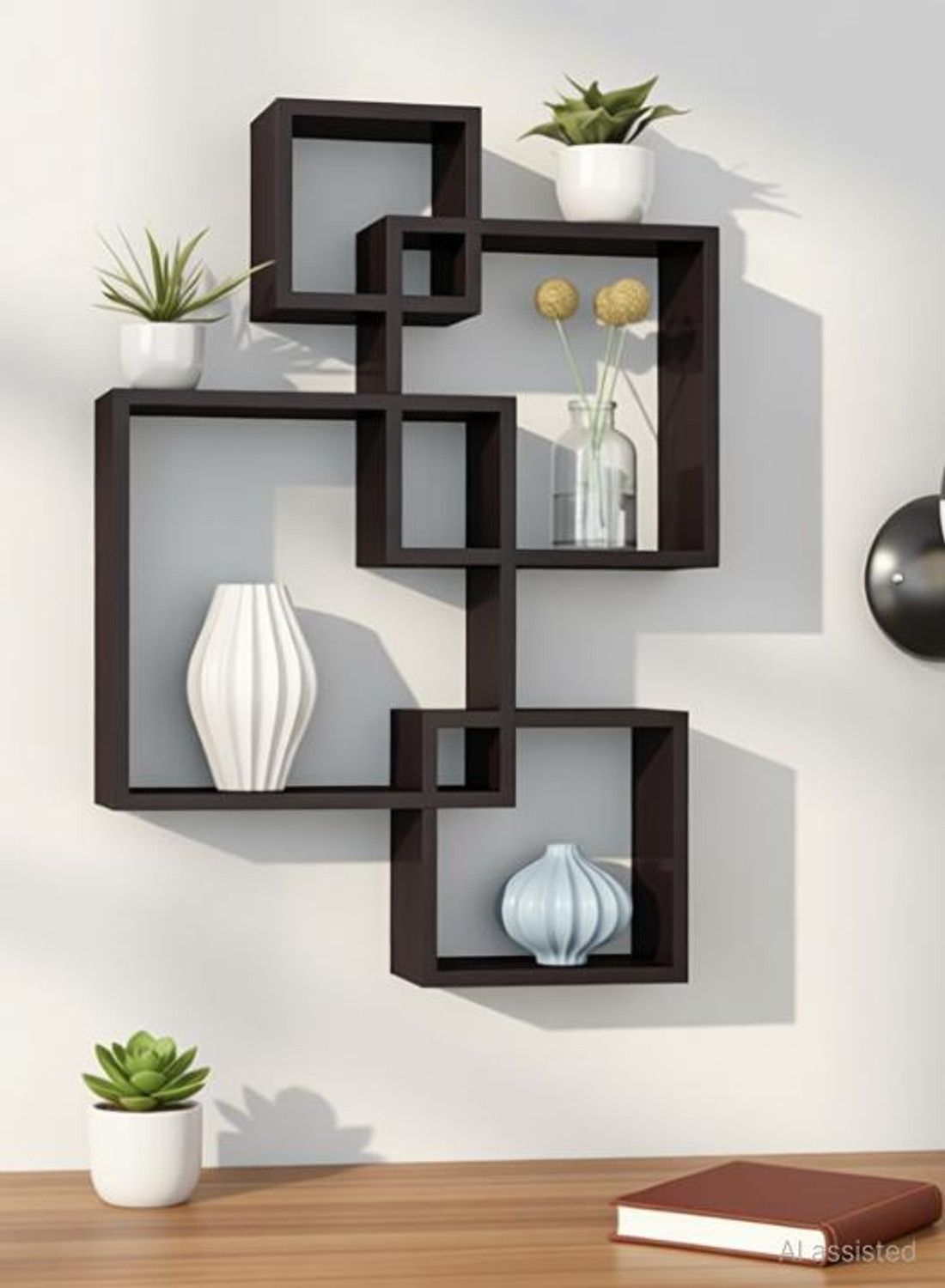Image of Greenhub Wooden Intersecting Wall Shelf For Home s Decor Interior Wall Shelves Decorations Items / Wall Floating Book Rack ( Set Of 4 Cubes ) {Chakora - Black} / Home Decor -Wall Hanging . Wooden Wall Shelf