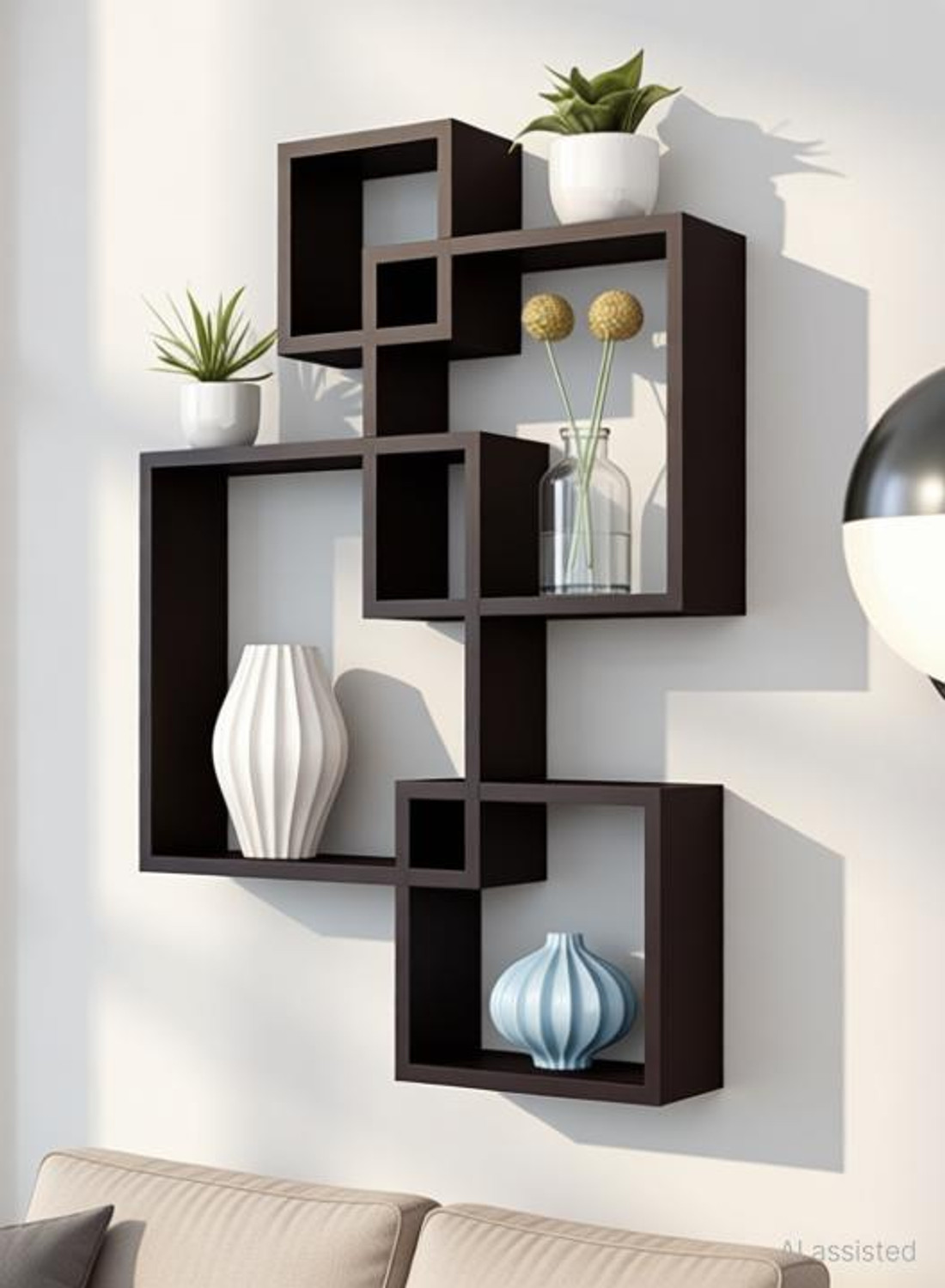 Image of Greenhub Wooden Intersecting Wall Shelf For Home s Decor Interior Wall Shelves Decorations Items / Wall Floating Book Rack ( Set Of 4 Cubes ) {Chakora - Black} / Home Decor -Wall Hanging . Wooden Wall Shelf