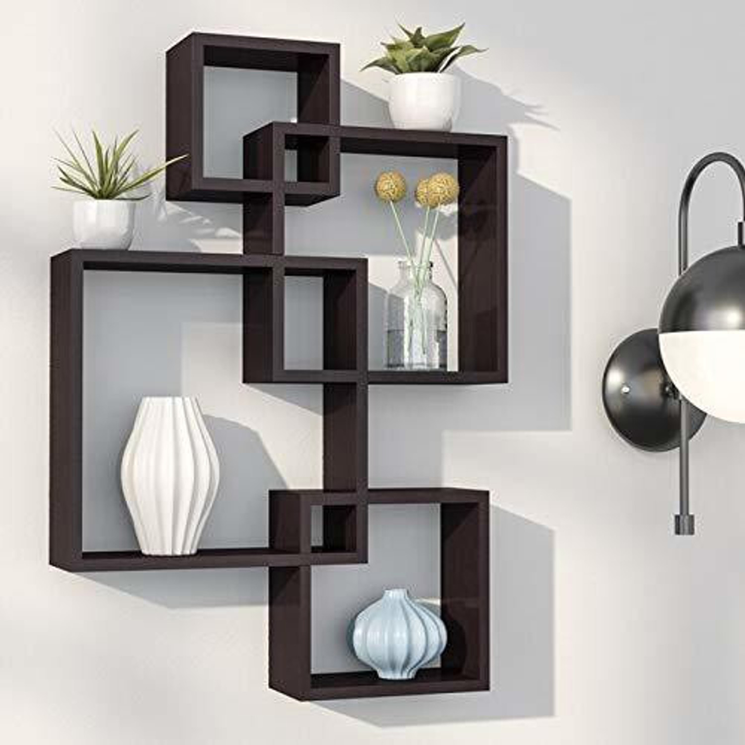 Image of Greenhub Wooden Intersecting Wall Shelf For Home s Decor Interior Wall Shelves Decorations Items / Wall Floating Book Rack ( Set Of 4 Cubes ) {Chakora - Black} / Home Decor -Wall Hanging . Wooden Wall Shelf