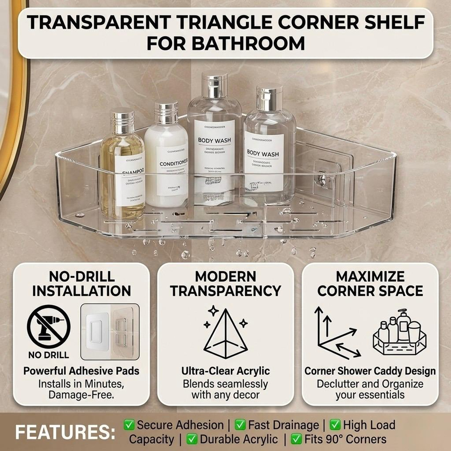 Image of ESSPY No-Drill Triangle Corner Shelf , Wall-Mounted Plastic Storage Organization Plastic Wall Shelf