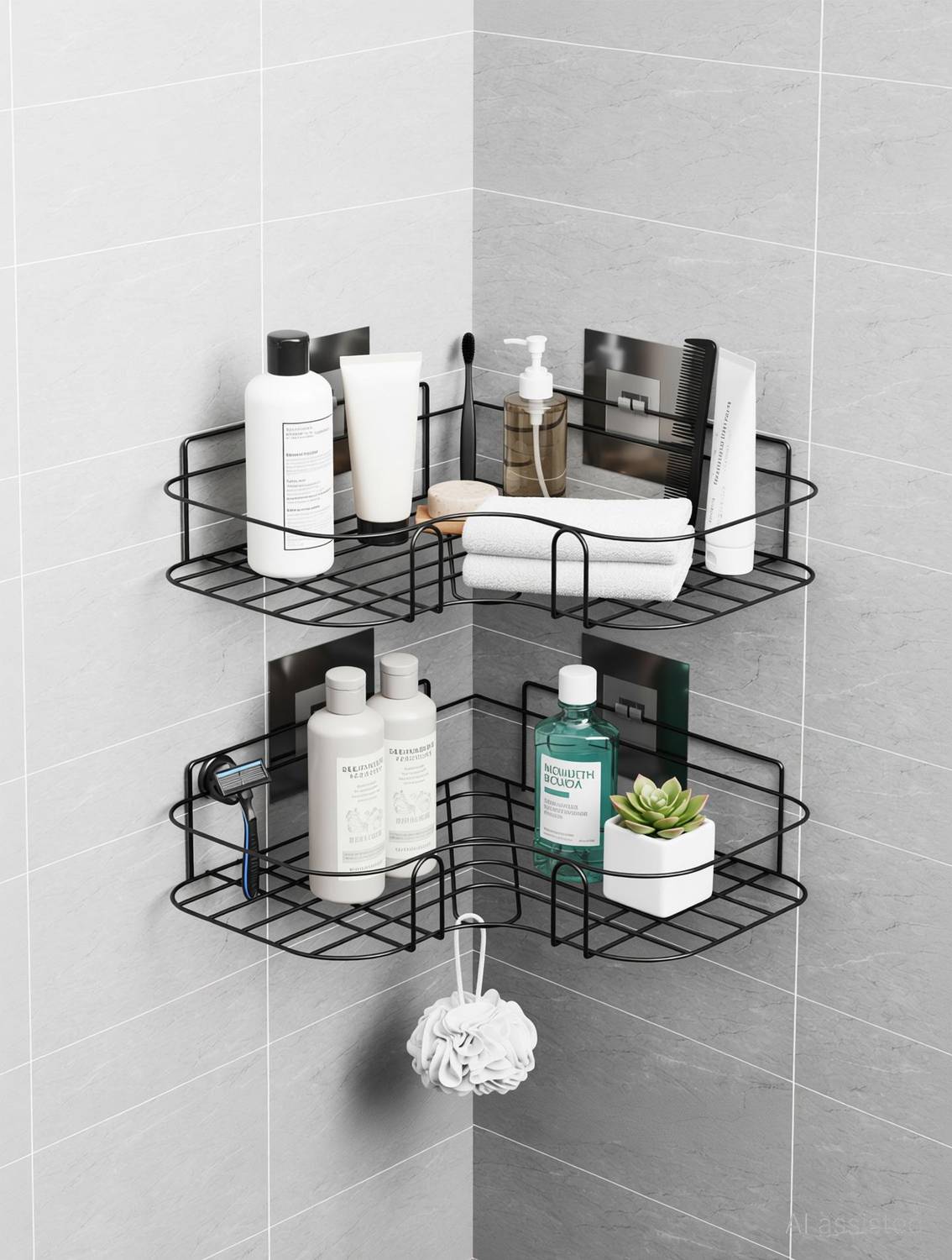 ALMORA Wall Mounted Self Adhesive Bathroom Corner Shelf Rack Organize Multi Use - Black Iron Wall Shelf