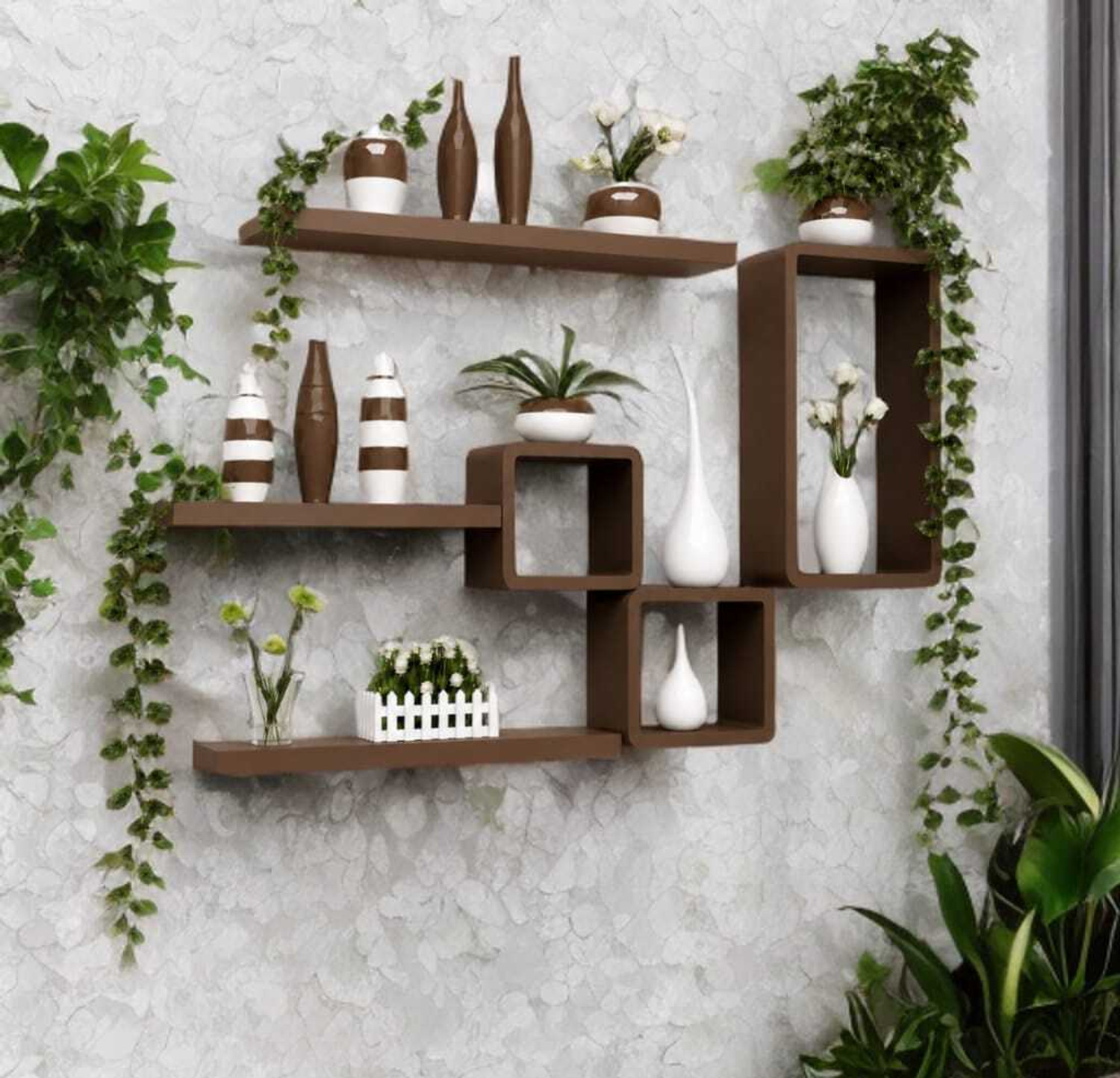 Image of zeecoot BROWN WOODEN WALL SHELF Wooden Wall Shelf (Number of Shelves - 6, Brown)
