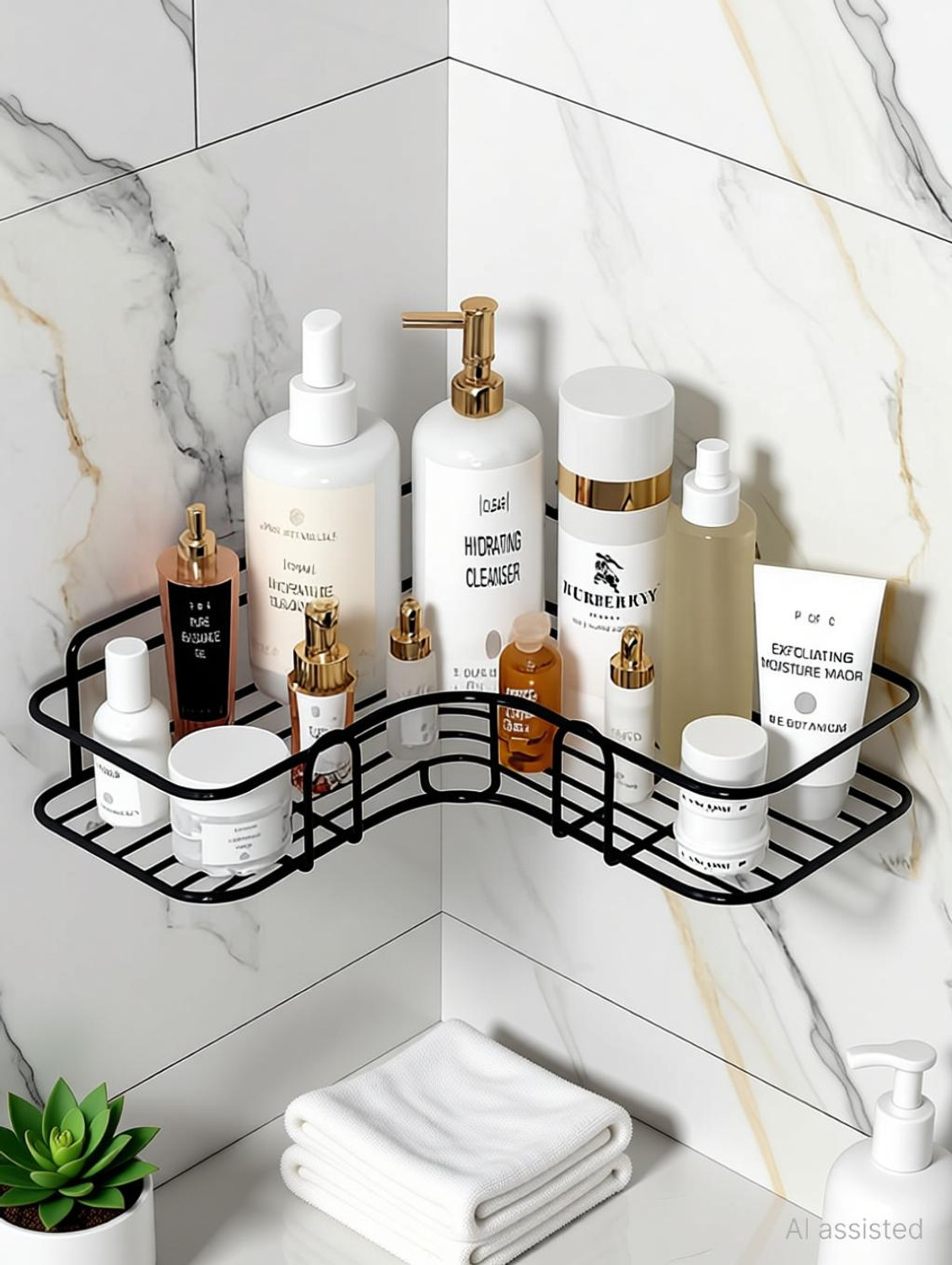 Image of KYMIO Premium Black Corner Shelf for Bathroom Storage - Rustproof & Space-Saving Aluminium Wall Shelf (Number of Shelves - 1, Black)