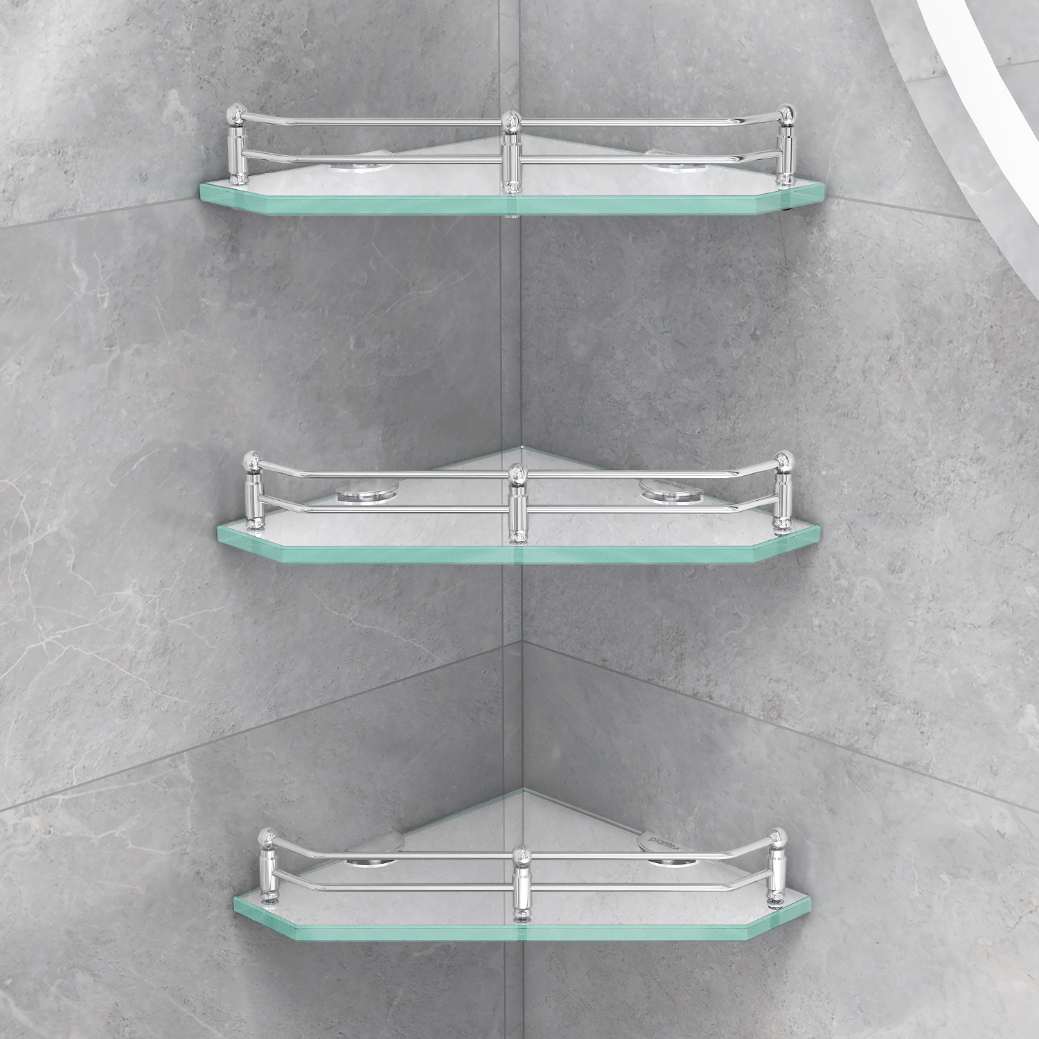 Image of Plantex Premium Diamond Transparent Glass Corner Shelf for Bathroom /Bathroom Accessories(9x9 Inches) Glass Wall Shelf
