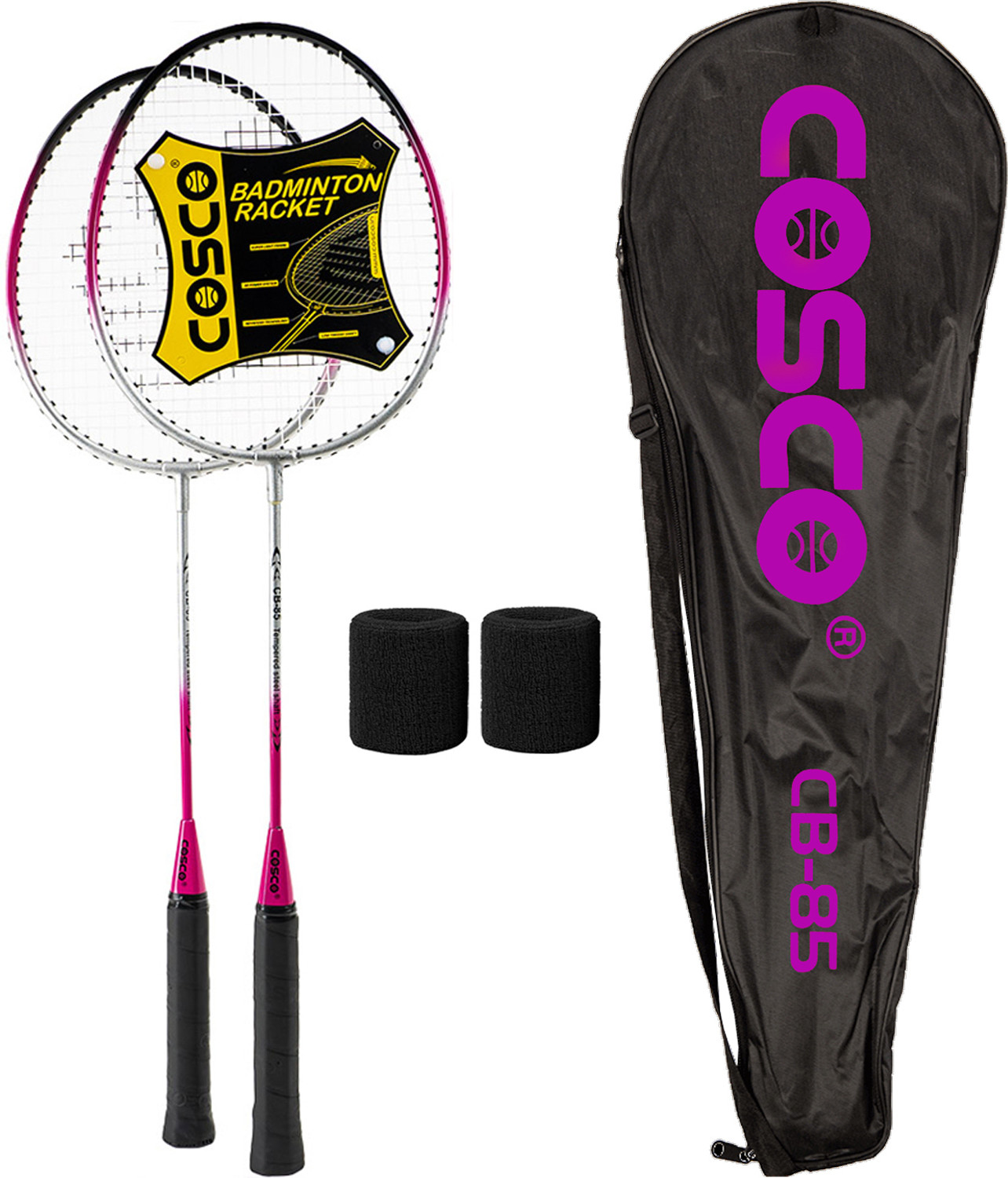 Image of COSCO CB-85 Twin Racket - Hobby (Pack of 2 Racquet) Wrist Band Pink Strung Badminton Racquet