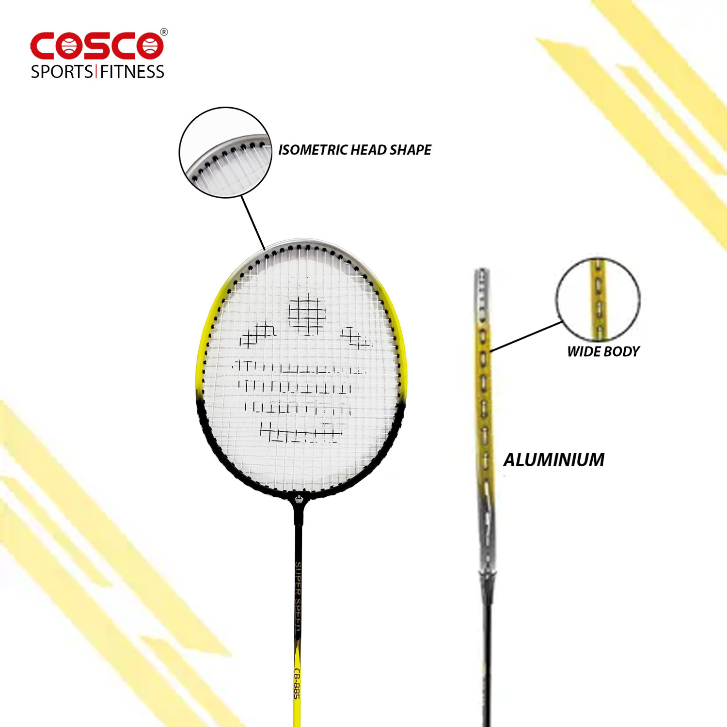 Image of COSCO cb-885 racket, aluminium, G5 PU Grip, 18-20 lbs, 95 gms, wide body, 66 cm height Green, Yellow Strung Badminton Racquet