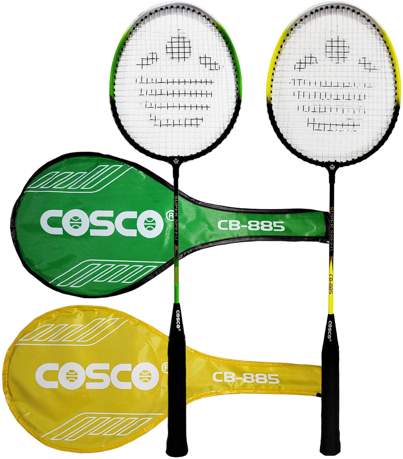 Image of COSCO cb-885 racket, aluminium, G5 PU Grip, 18-20 lbs, 95 gms, wide body, 66 cm height Green, Yellow Strung Badminton Racquet
