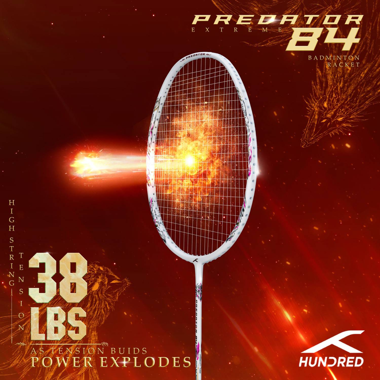 Hundred Predator 84 Extreme White Badminton Racquet - Image 2