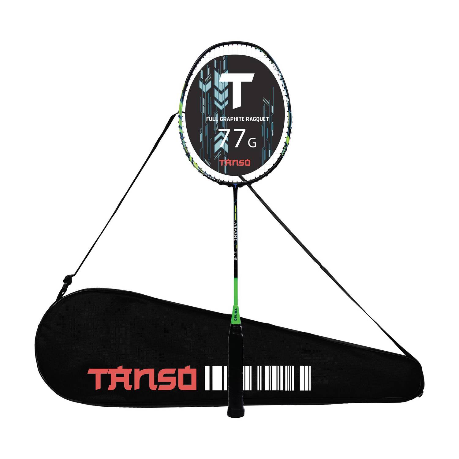 Tanso Arashi 2.0 Full Graphite Ultra Light Weight Carbon Fibre Green Strung Badminton Racquet